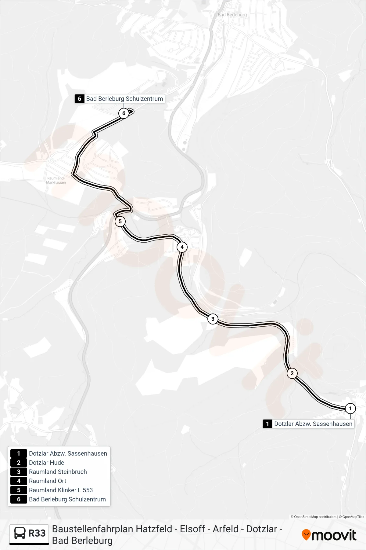 R33 bus Line (Bad Berleburg Schulzentrum) route and stops on a map