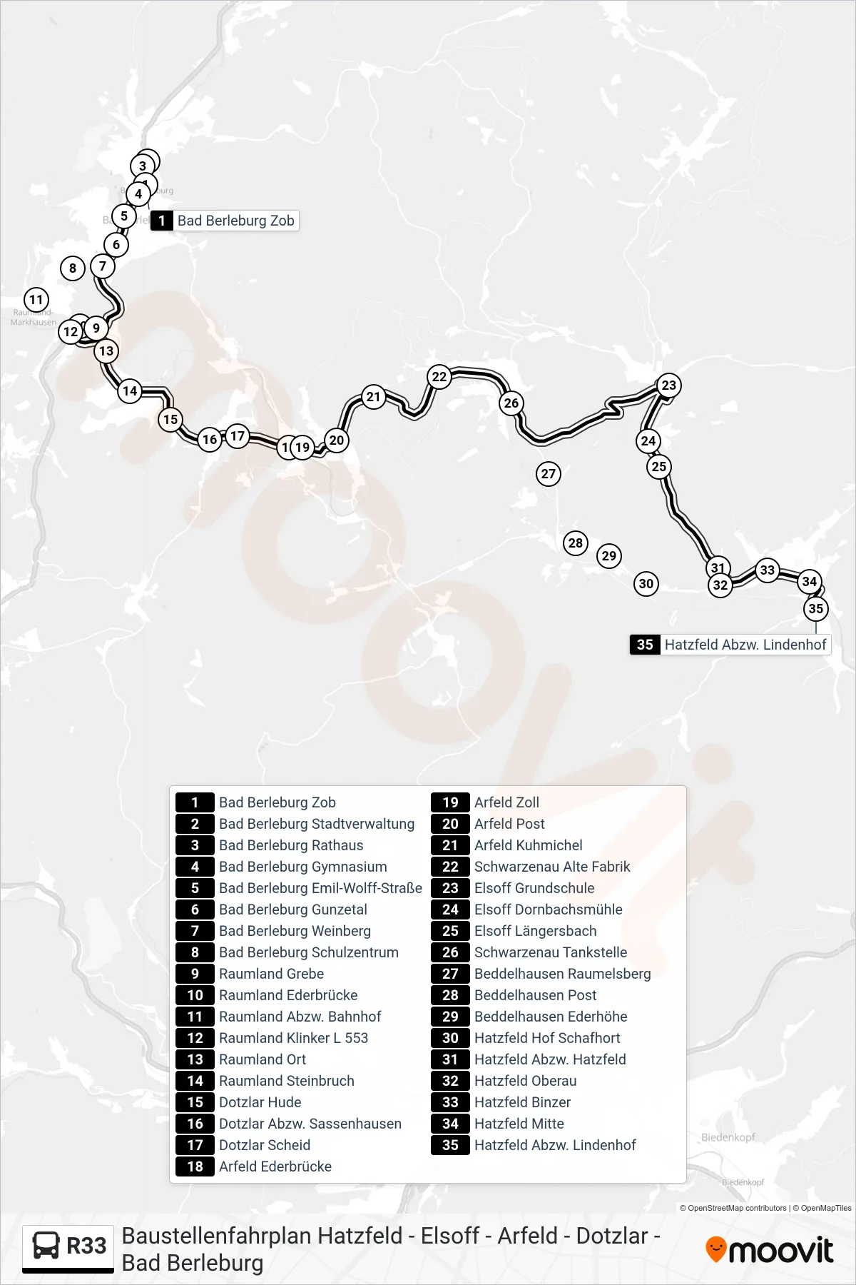 R33 bus Line (Hatzfeld Abzw. Lindenhof) route and stops on a map