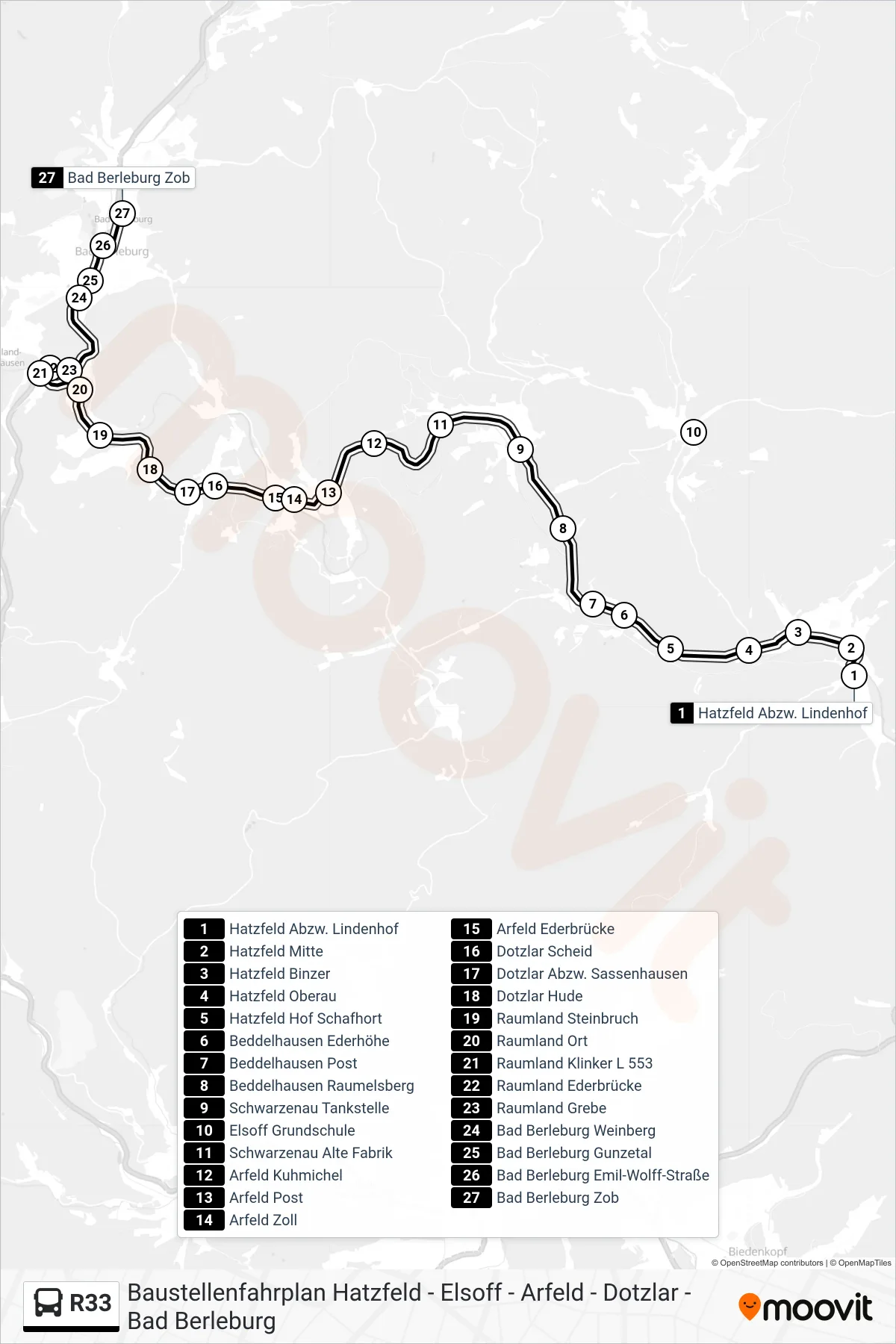 Linie R33 (Bus) Richtung Bad Berleburg Zob Bstg 2: Route und Haltestellen auf der Karte