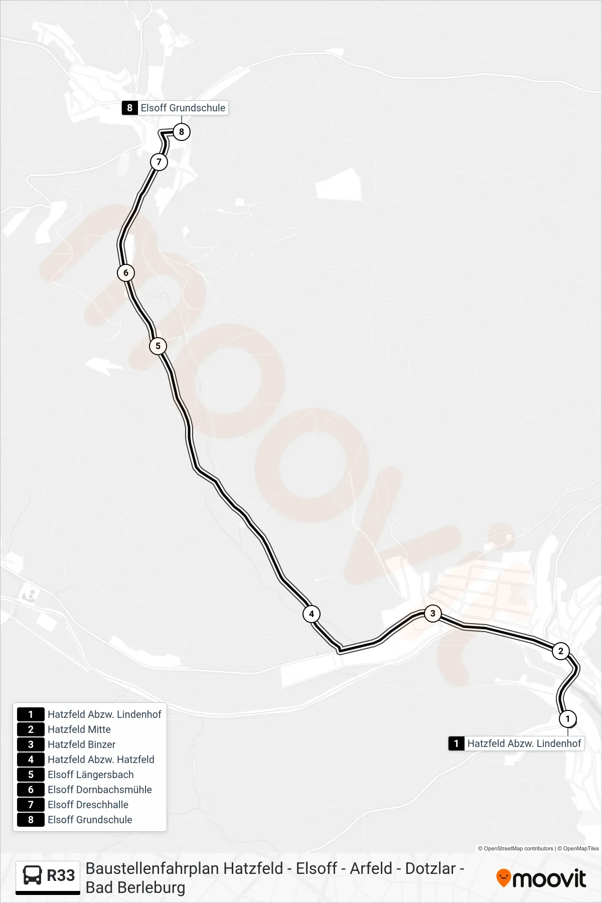 R33 bus Line (Elsoff Grundschule) route and stops on a map