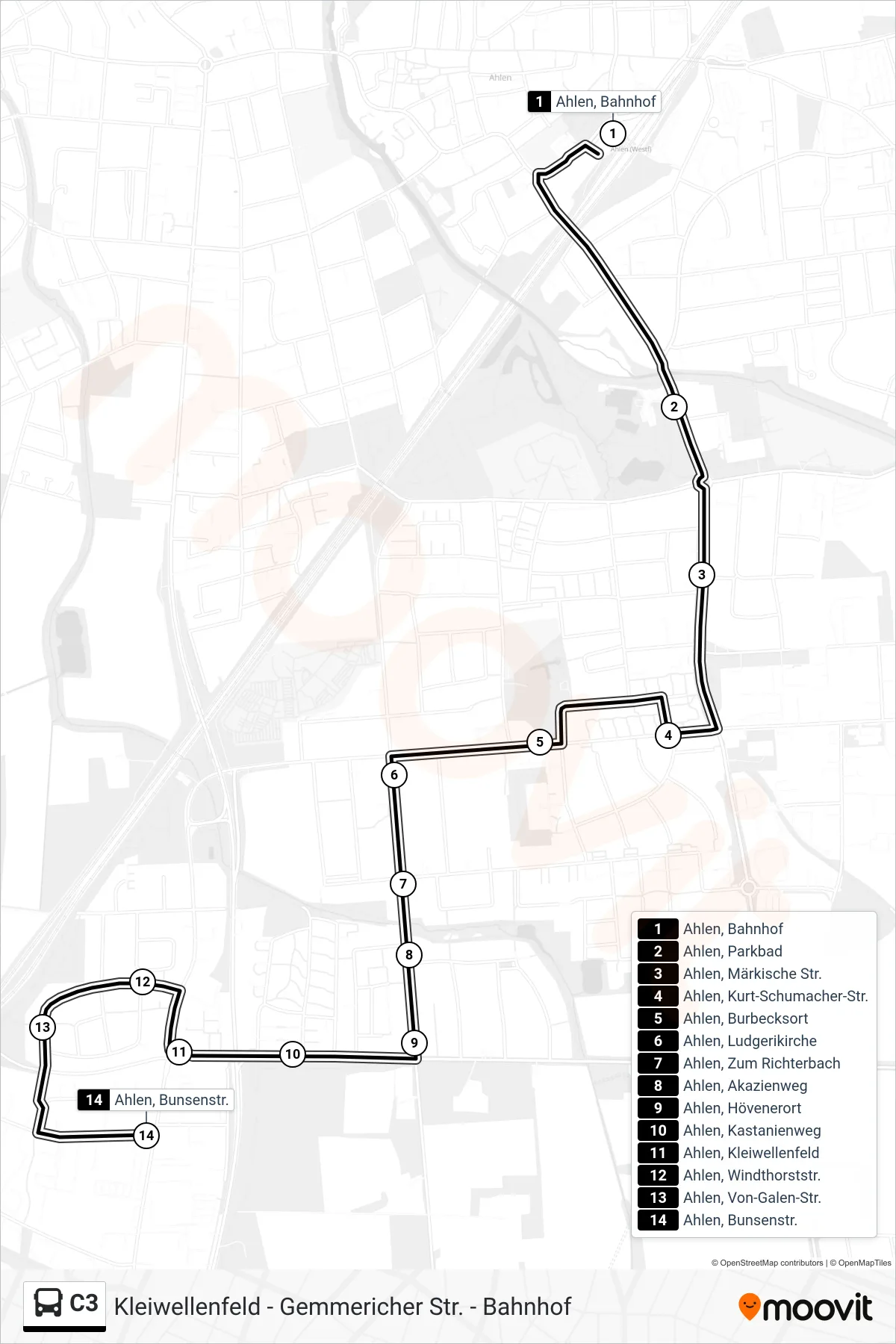 C3 bus Line (Ahlen, Bunsenstr.) route and stops on a map
