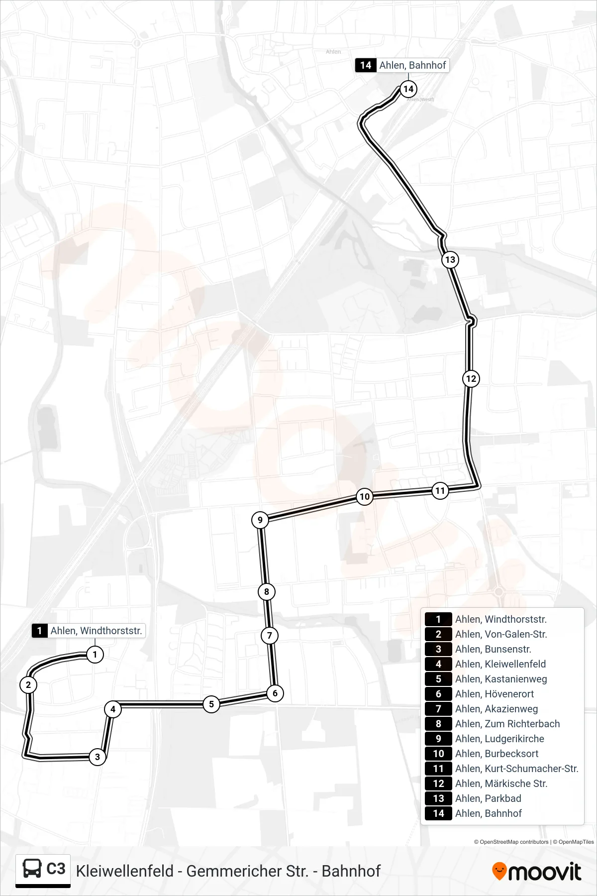 C3 bus Line (Ahlen, Bahnhof) route and stops on a map