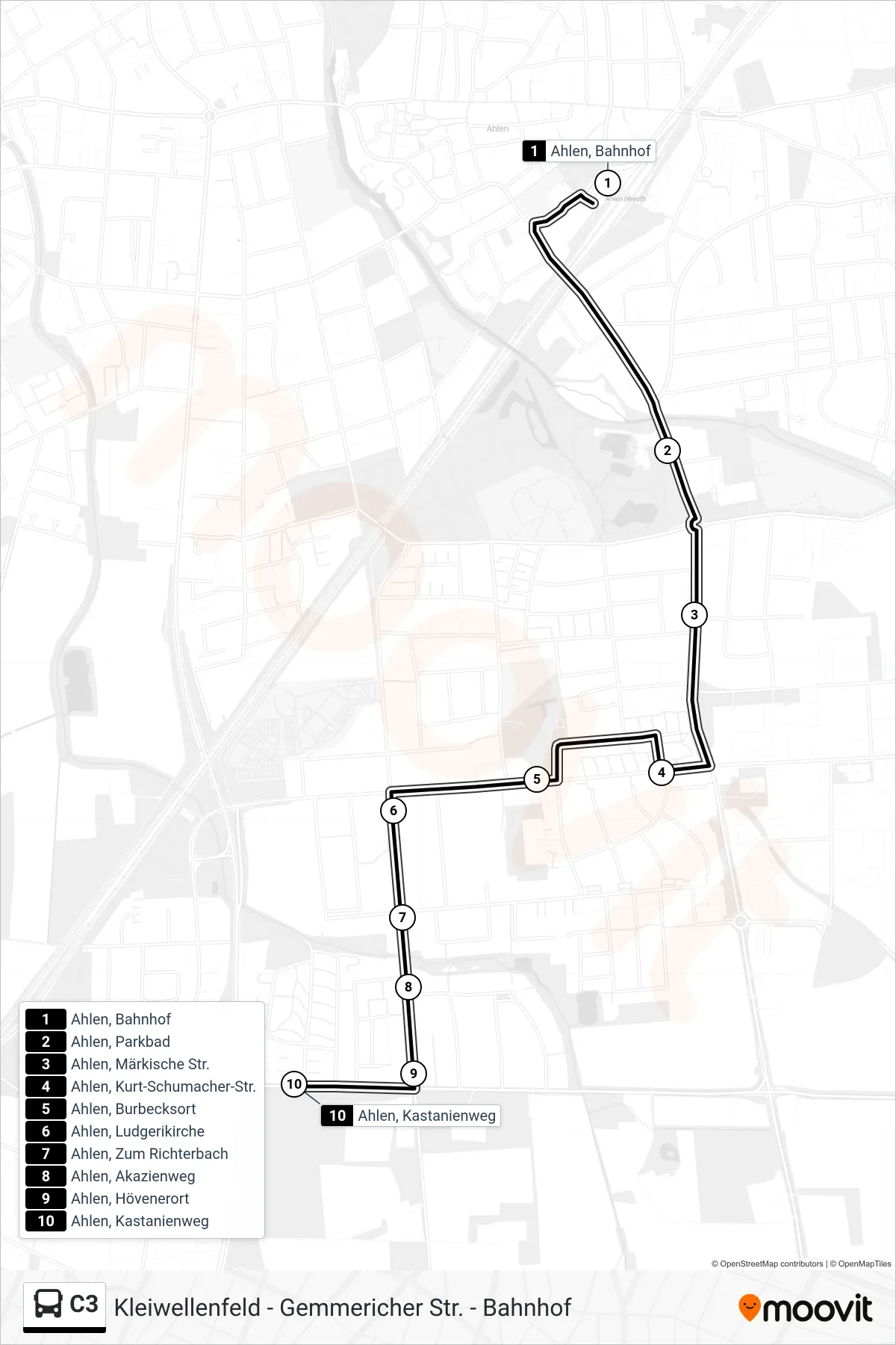 Linie C3 (Bus) Richtung Ahlen, Kastanienweg: Route und Haltestellen auf der Karte