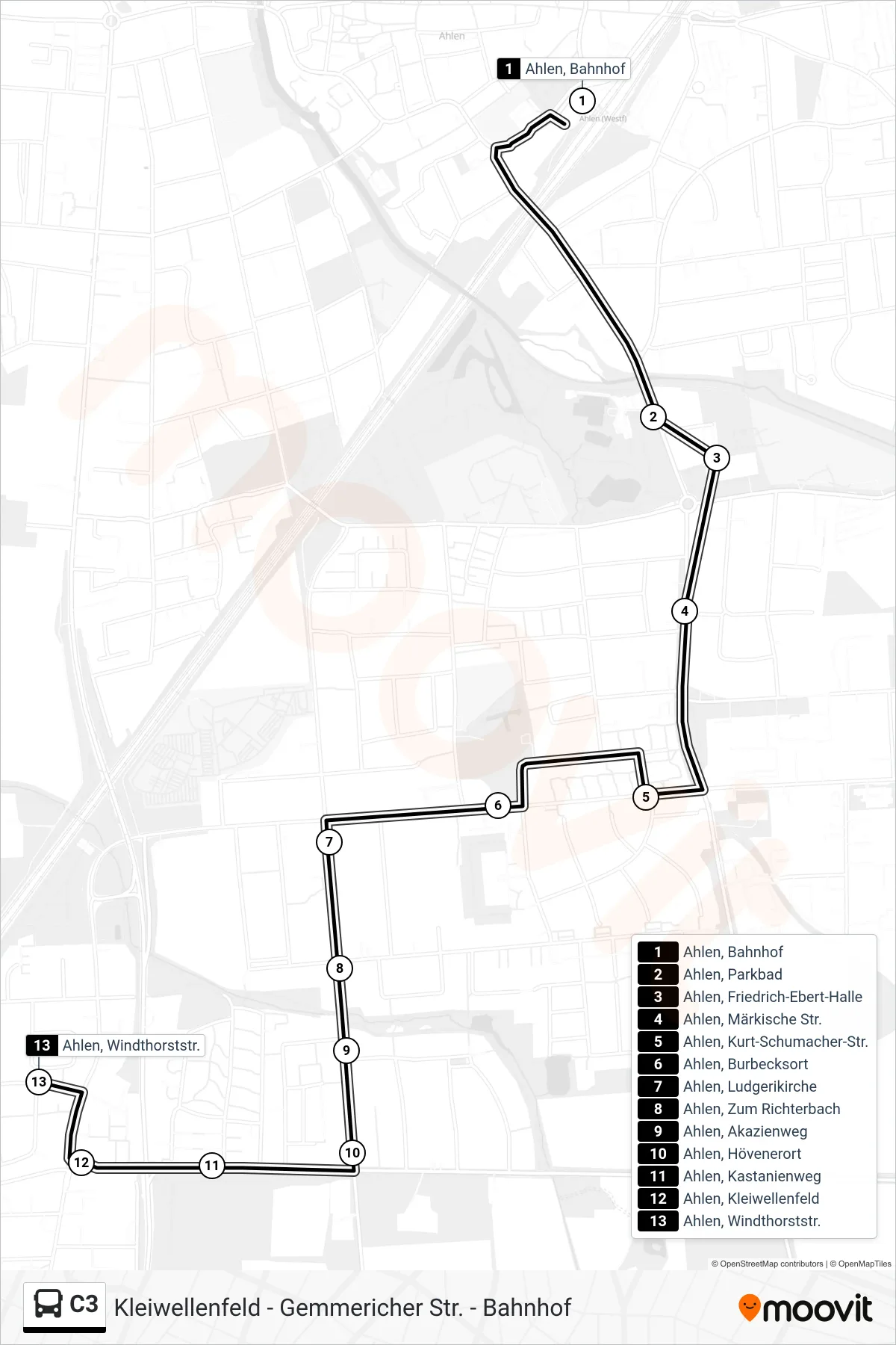 C3 bus Line (Ahlen, Windthorststr.) route and stops on a map