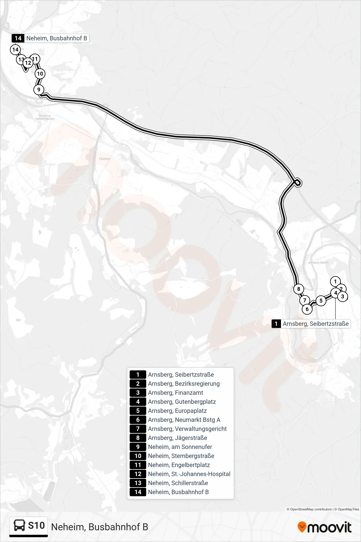S10 bus Line (Neheim, Busbahnhof B) route and stops on a map