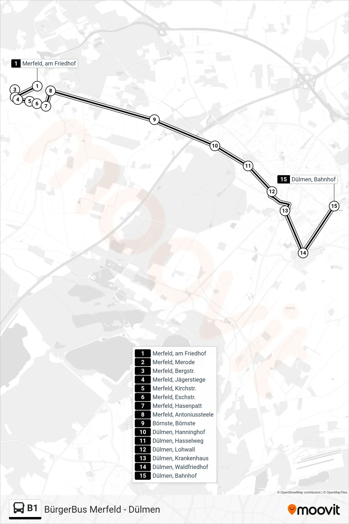 Linie B1 (Bus) Richtung Dülmen, Bahnhof: Route und Haltestellen auf der Karte