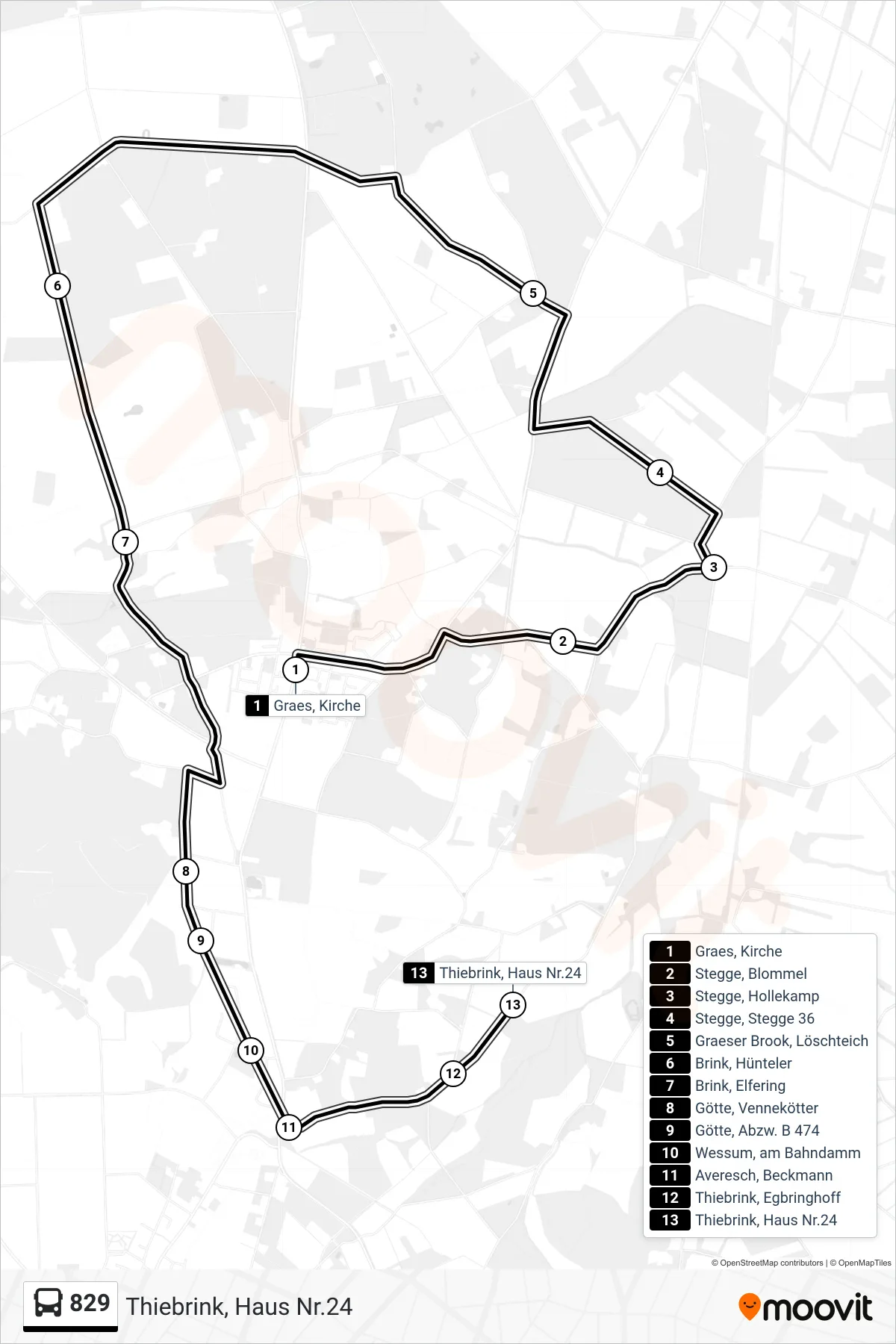 Linie 829 (Bus) Richtung Thiebrink, Haus Nr.24: Route und Haltestellen auf der Karte