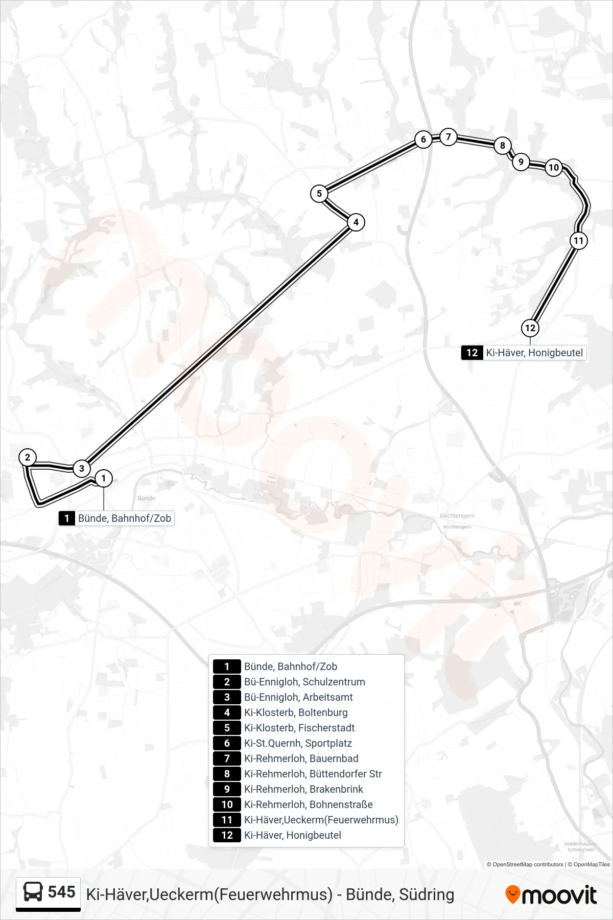 545 bus Line (Ki-Häver, Honigbeutel) route and stops on a map