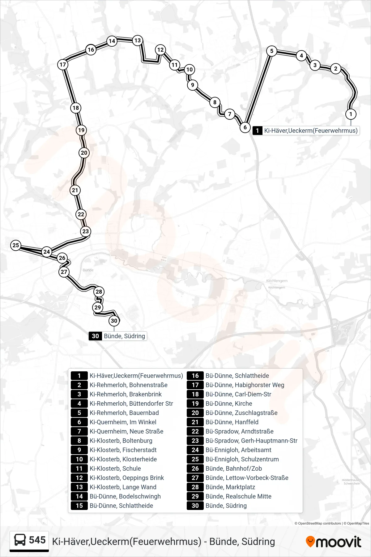 545 bus Line (Bünde Südring Üb. Sz Nord - Bahnhof) route and stops on a map