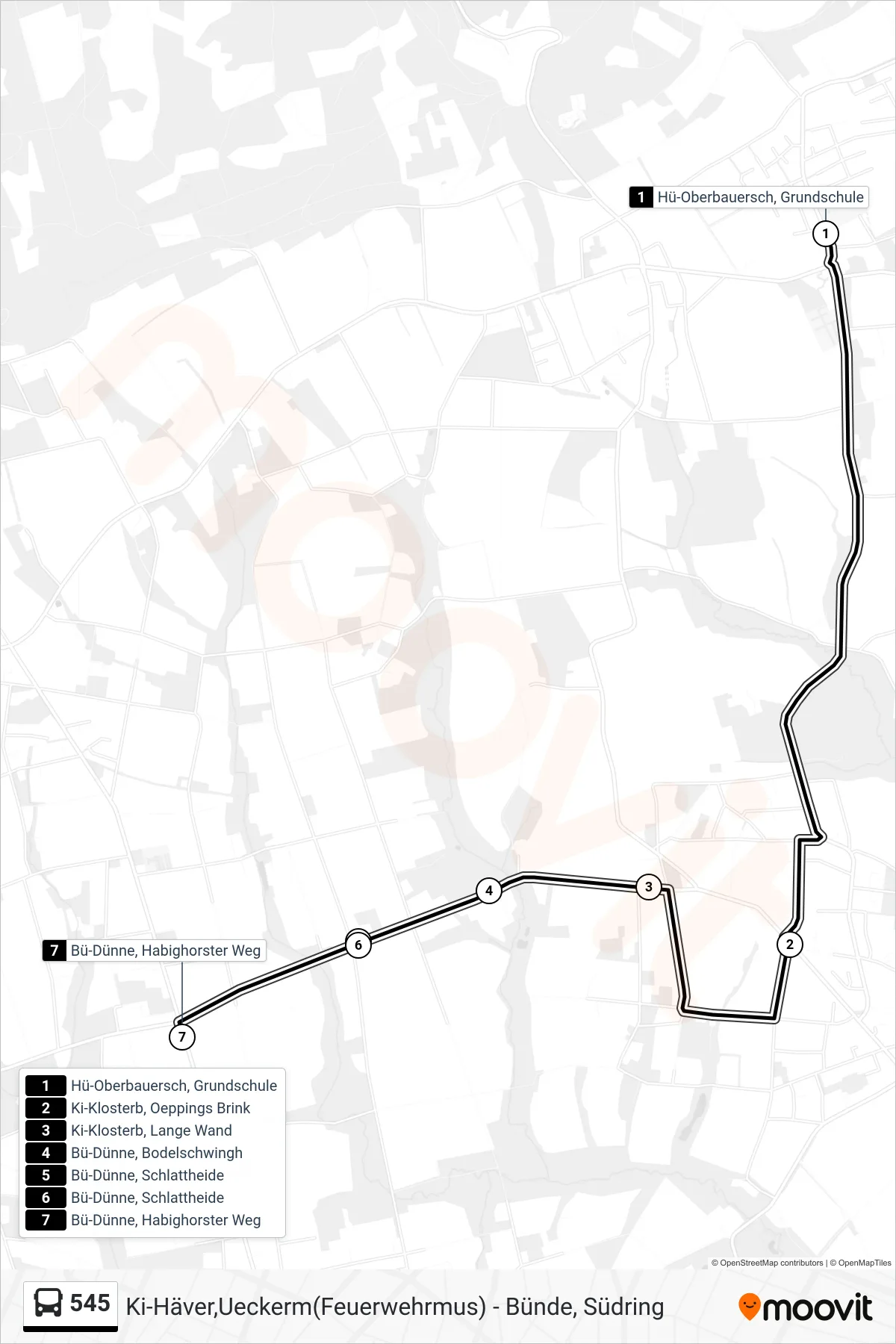 Linie 545 (Bus) Richtung Bünde Dünne Anschluß Li 542 Bünde: Route und Haltestellen auf der Karte