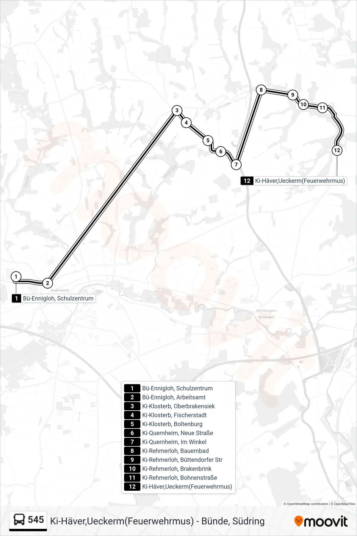 545 bus Line (Kirchlengern - Häver Über Sz Ennigloh) route and stops on a map