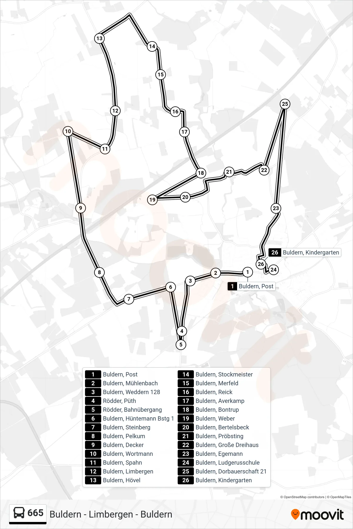 665 bus Line (Buldern, Ludgerusschule) route and stops on a map