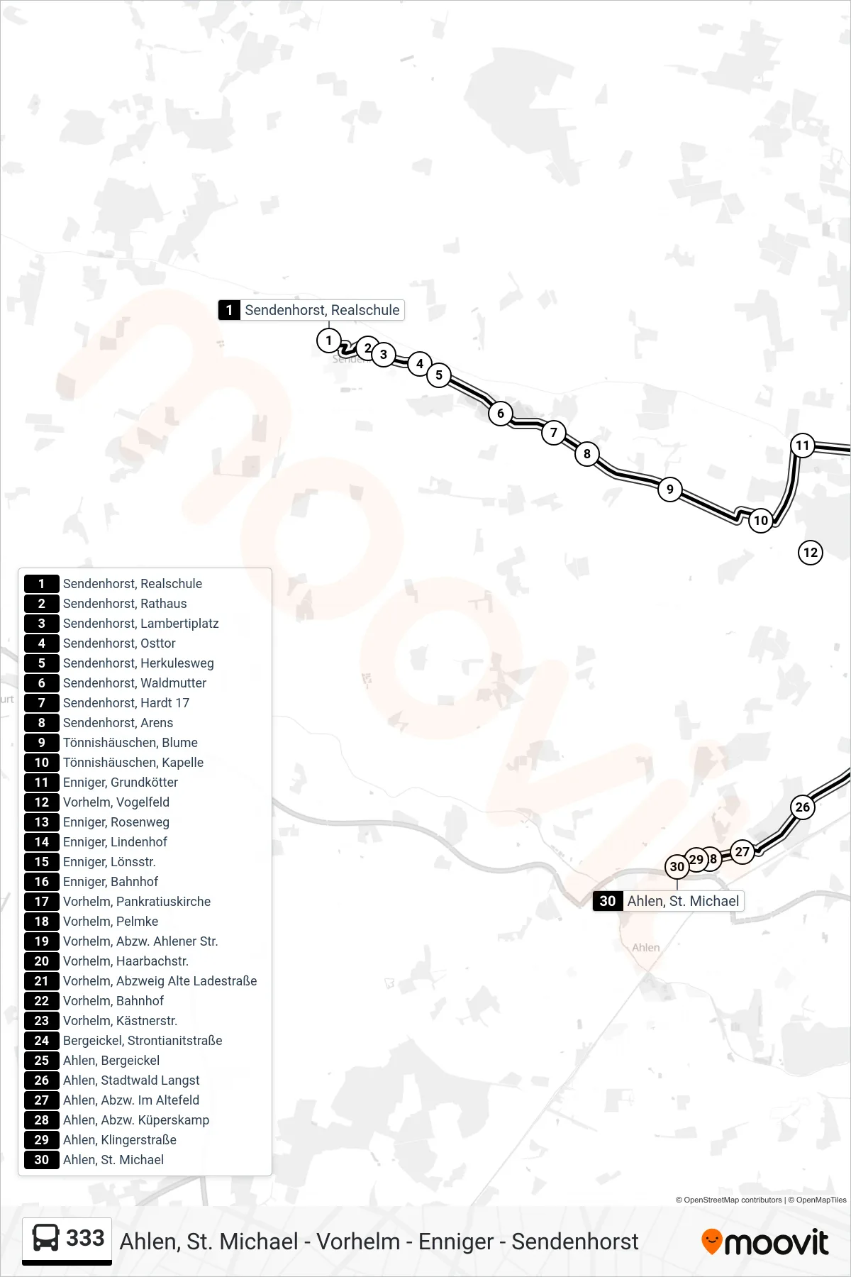 333 bus Line (Ahlen, St. Michael) route and stops on a map