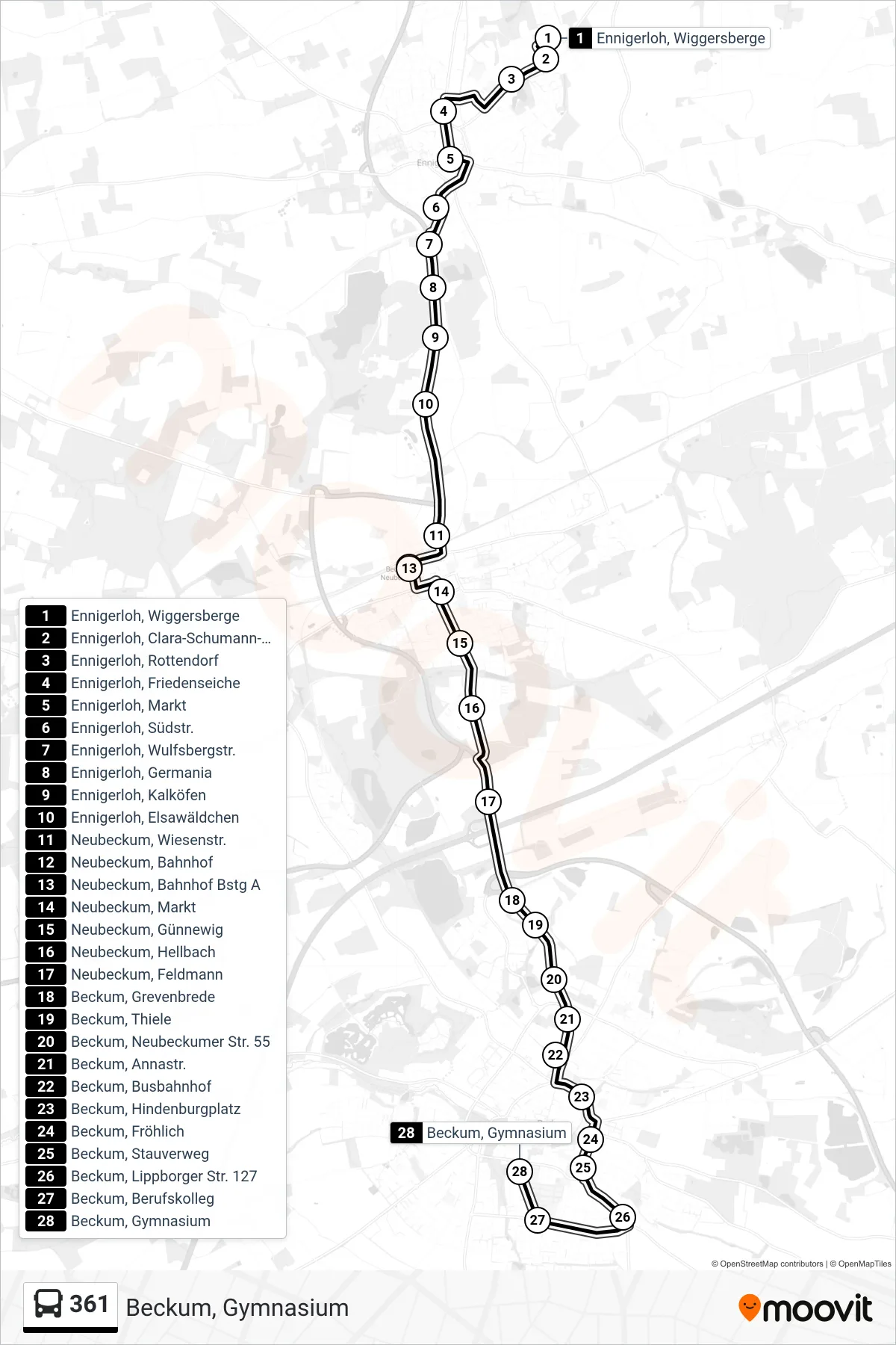 361 bus Line (Beckum, Gymnasium) route and stops on a map
