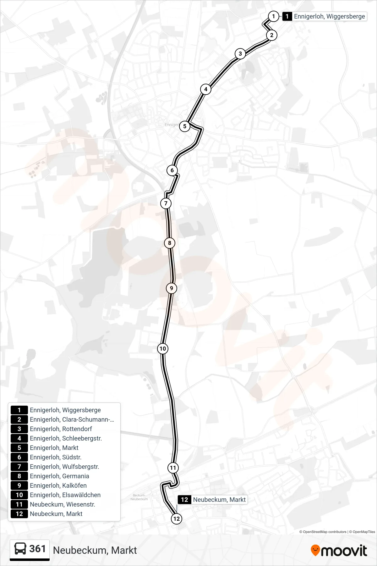 361 bus Line (Neubeckum, Markt) route and stops on a map