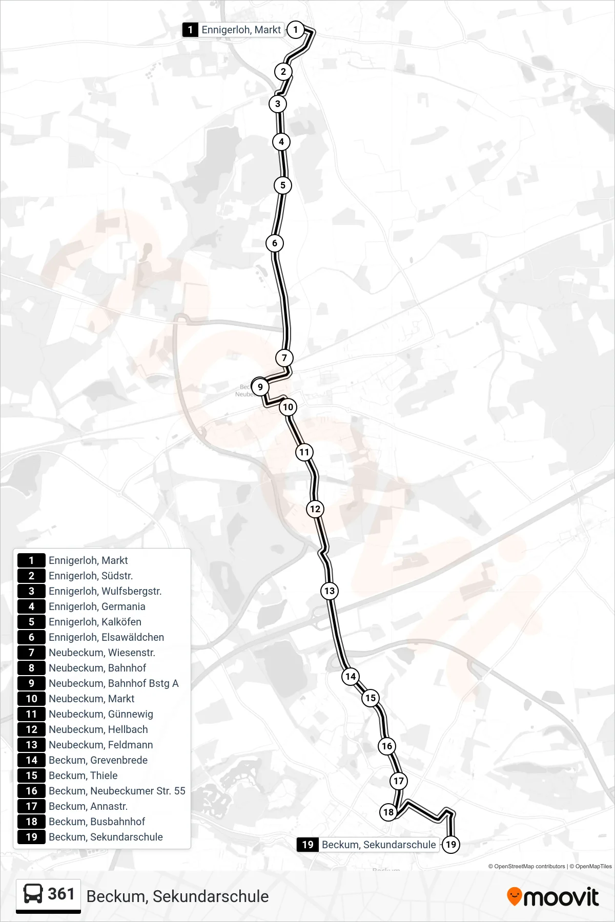 361 bus Line (Beckum, Sekundarschule) route and stops on a map