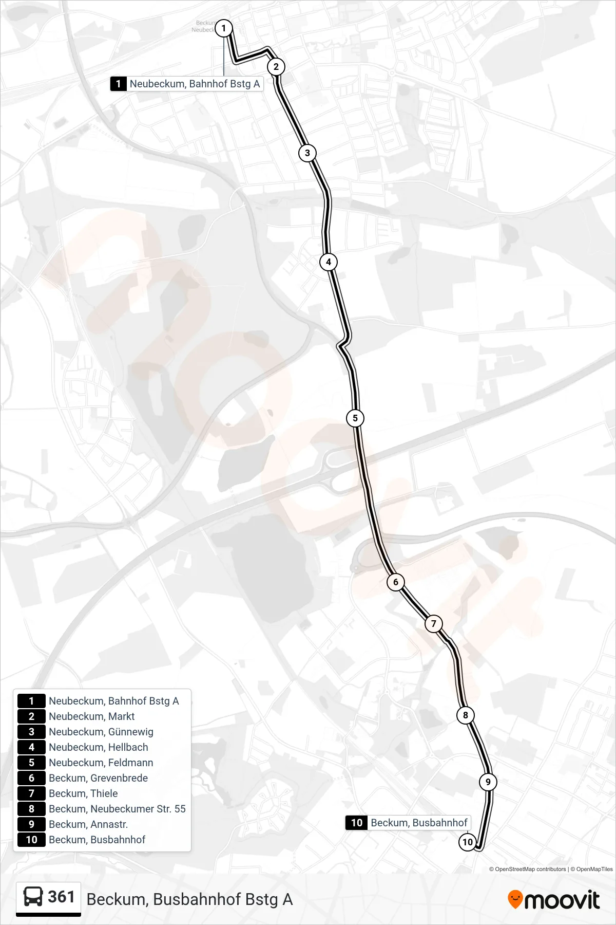 361 bus Line (Beckum, Busbahnhof Bstg A) route and stops on a map