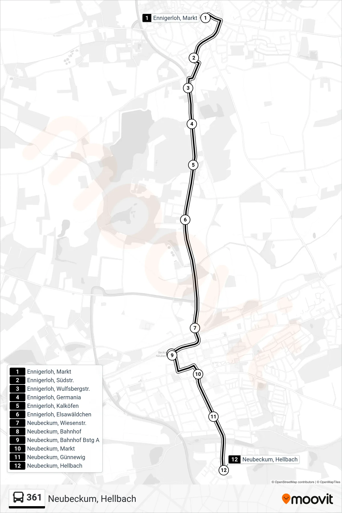361 bus Line (Neubeckum, Hellbach) route and stops on a map