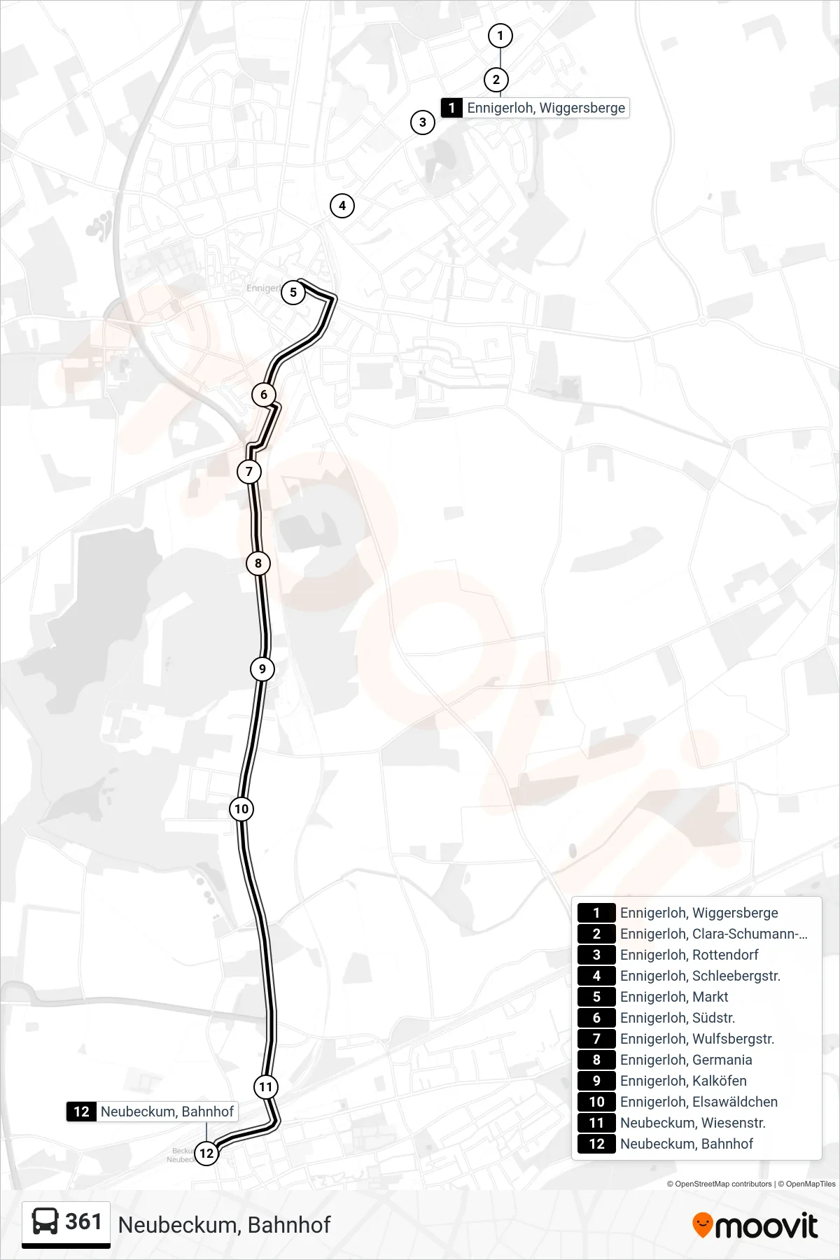 361 bus Line (Neubeckum, Bahnhof) route and stops on a map