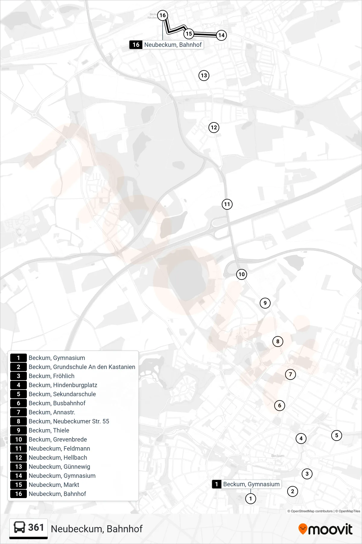 361 bus Line (Neubeckum, Bahnhof) route and stops on a map