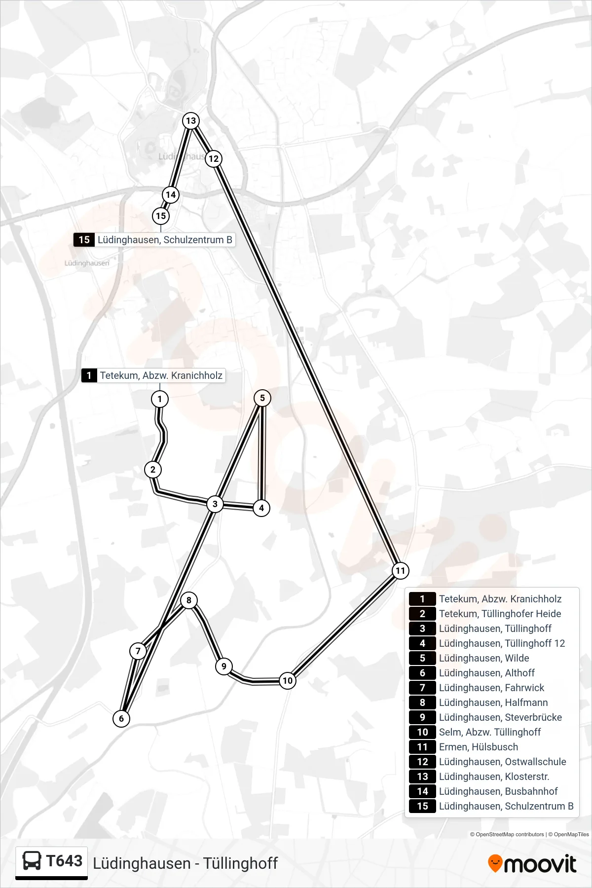 T643 bus Line (Lüdinghausen, Schulzentrum B) route and stops on a map