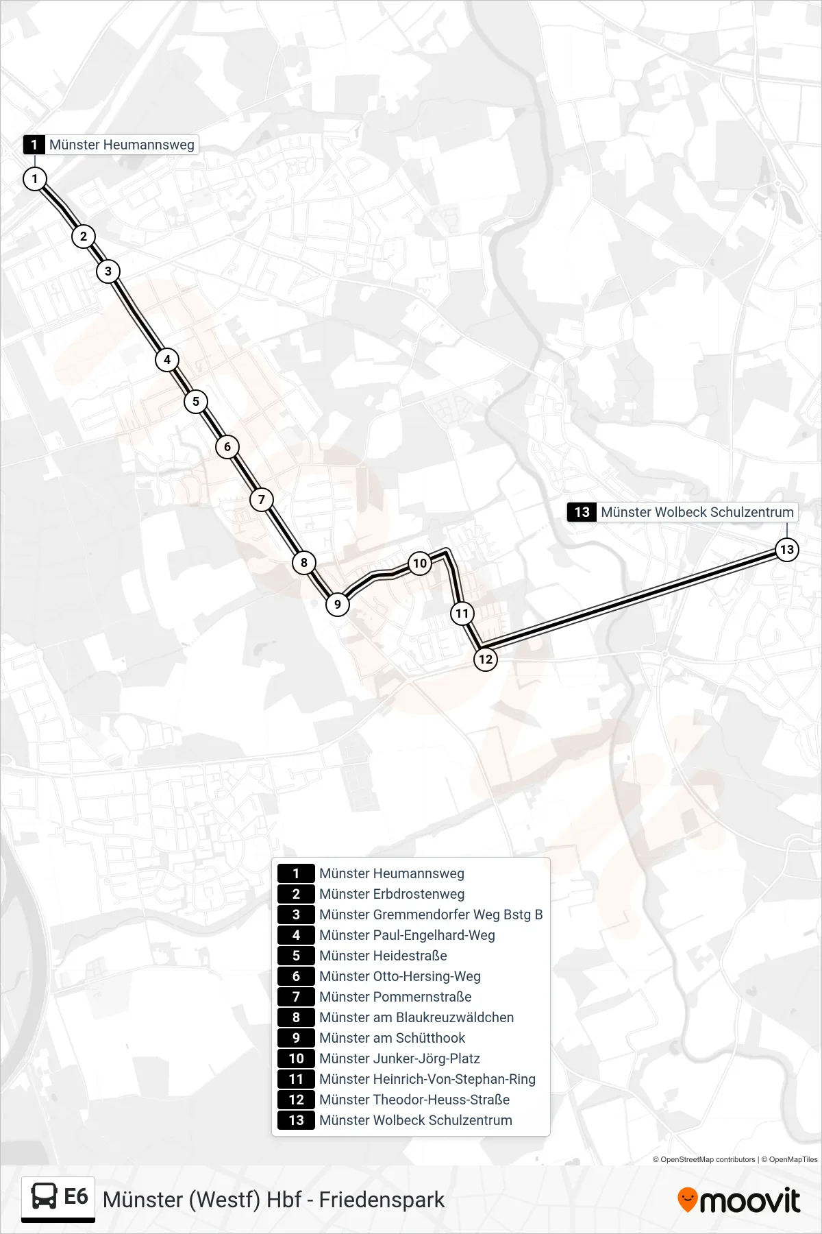 Linie E6 (Bus) Richtung Wolbeck Schulzentrum: Route und Haltestellen auf der Karte