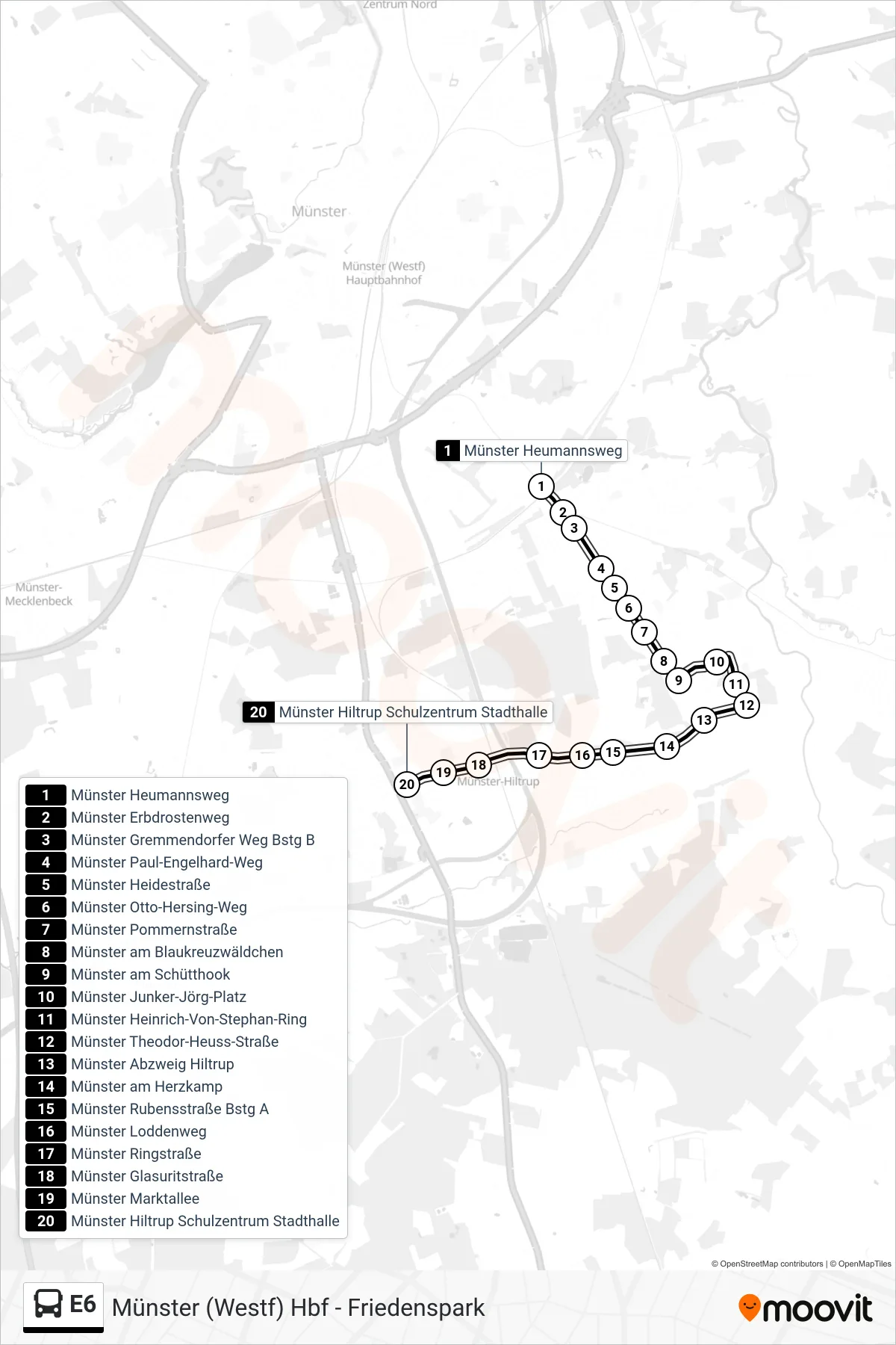Linie E6 (Bus) Richtung Hiltrup Schulzentrum: Route und Haltestellen auf der Karte