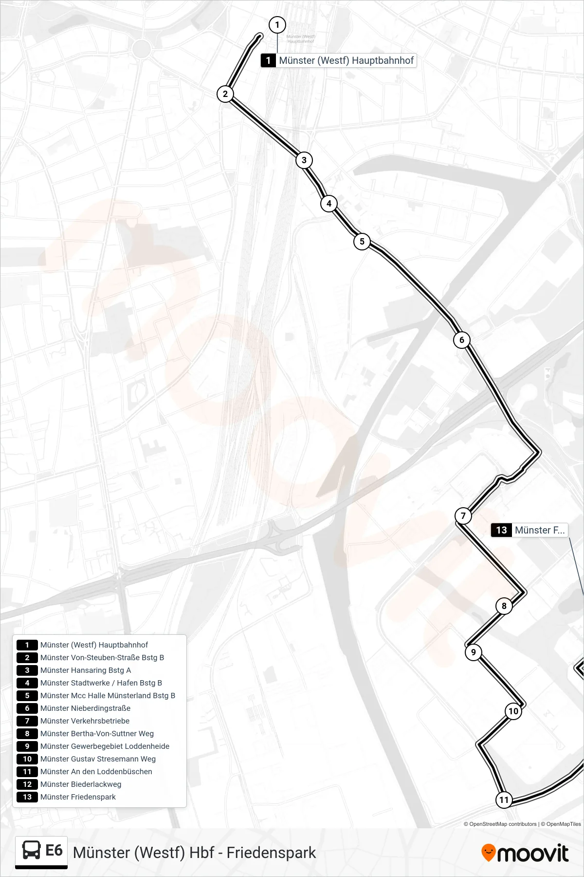 Linie E6 (Bus) Richtung Friedenspark / Arbeitsagentur: Route und Haltestellen auf der Karte