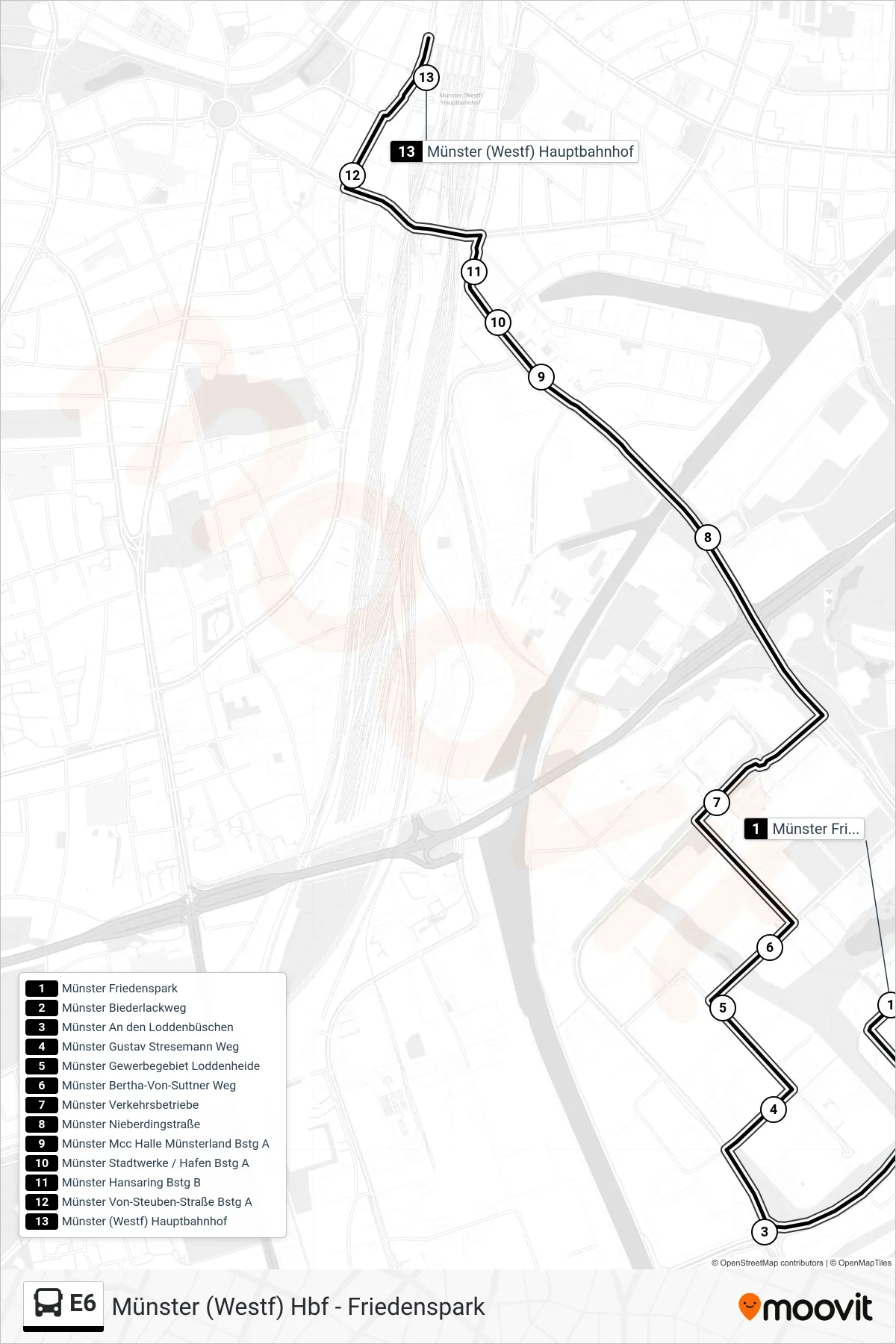 Linie E6 (Bus) Richtung Hauptbahnhof: Route und Haltestellen auf der Karte