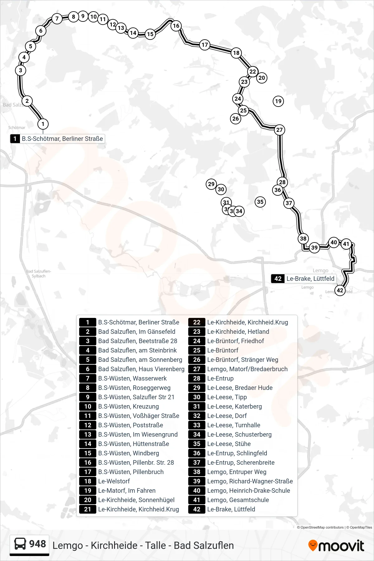 Linie 948 (Bus) Richtung Lemgo: Route und Haltestellen auf der Karte
