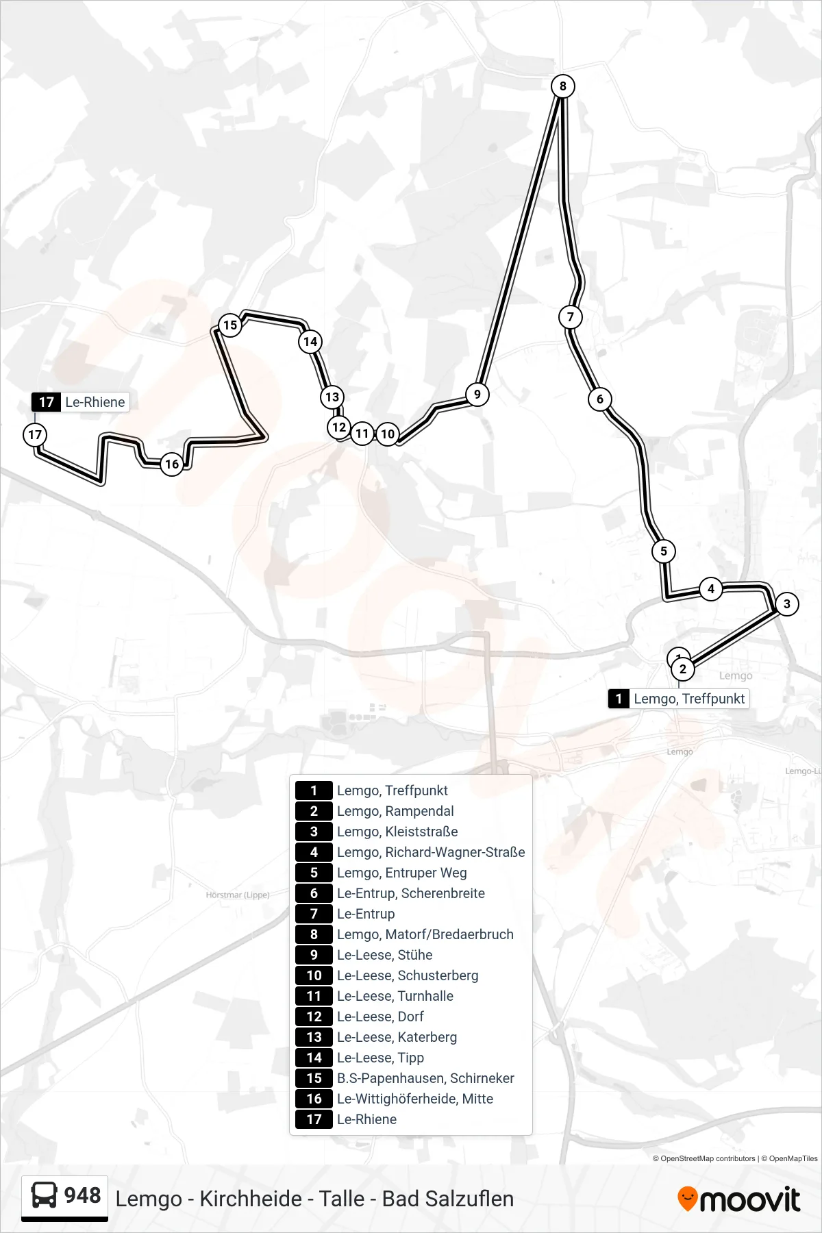 Linie 948 (Bus) Richtung Rhiene: Route und Haltestellen auf der Karte