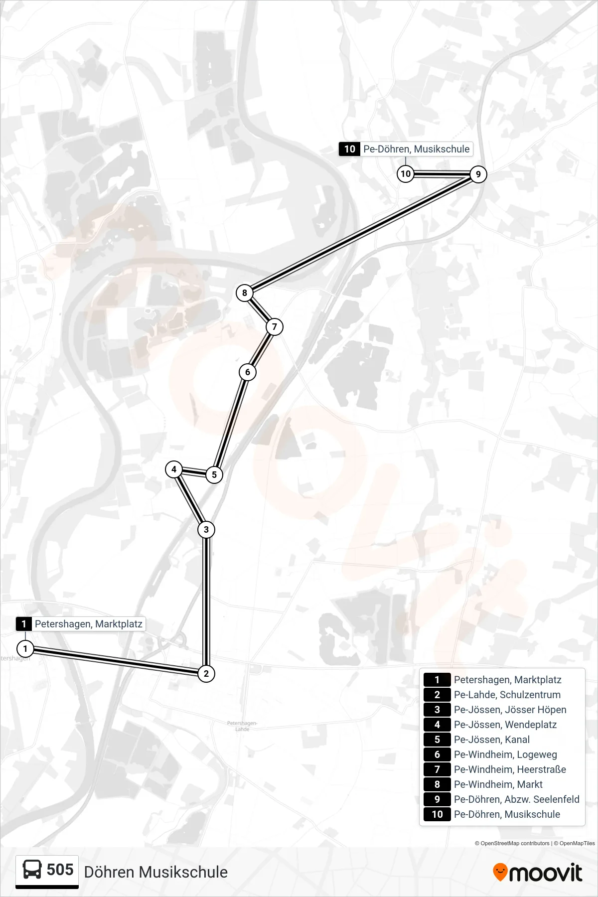 505 bus Line (Döhren Musikschule) route and stops on a map