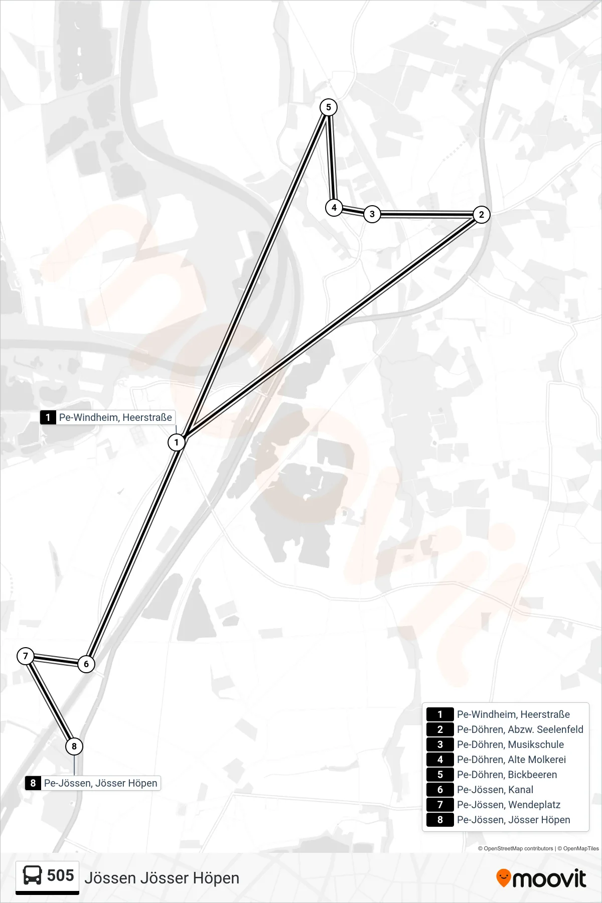 505 bus Line (Jössen Jösser Höpen) route and stops on a map