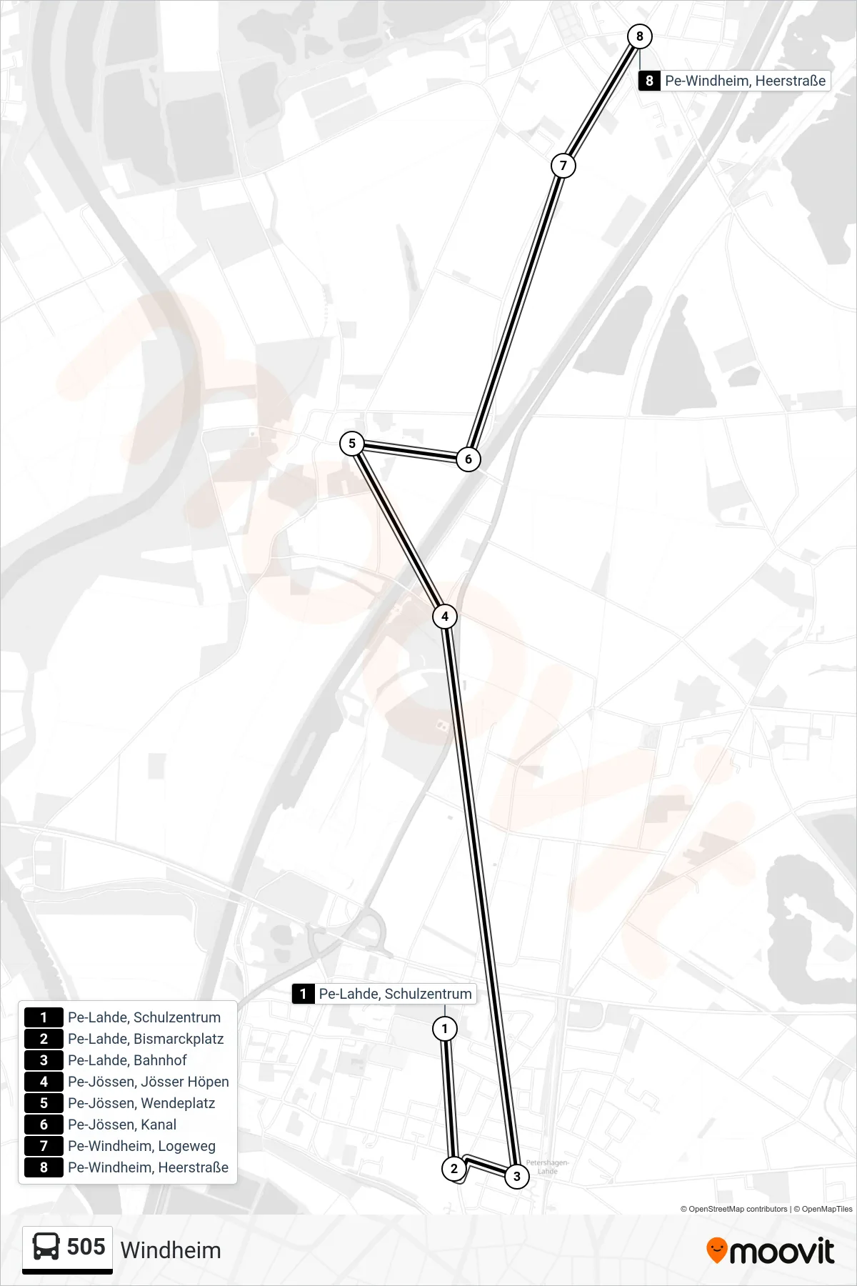 505 bus Line (Windheim) route and stops on a map