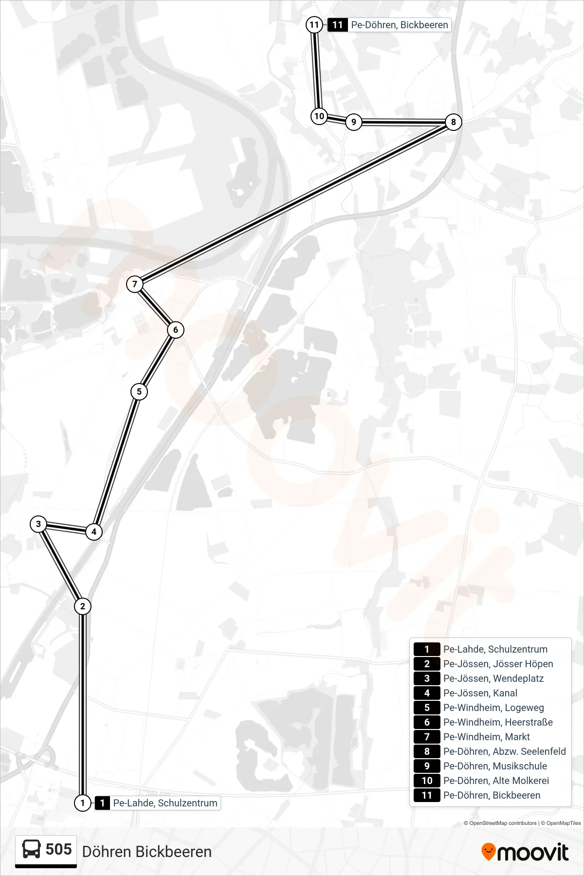 505 bus Line (Döhren Bickbeeren) route and stops on a map