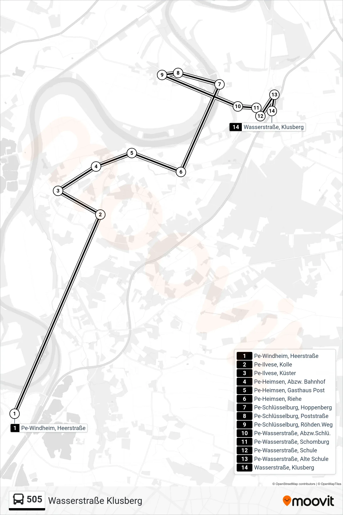 Linie 505 (Bus) Richtung Wasserstraße Klusberg: Route und Haltestellen auf der Karte