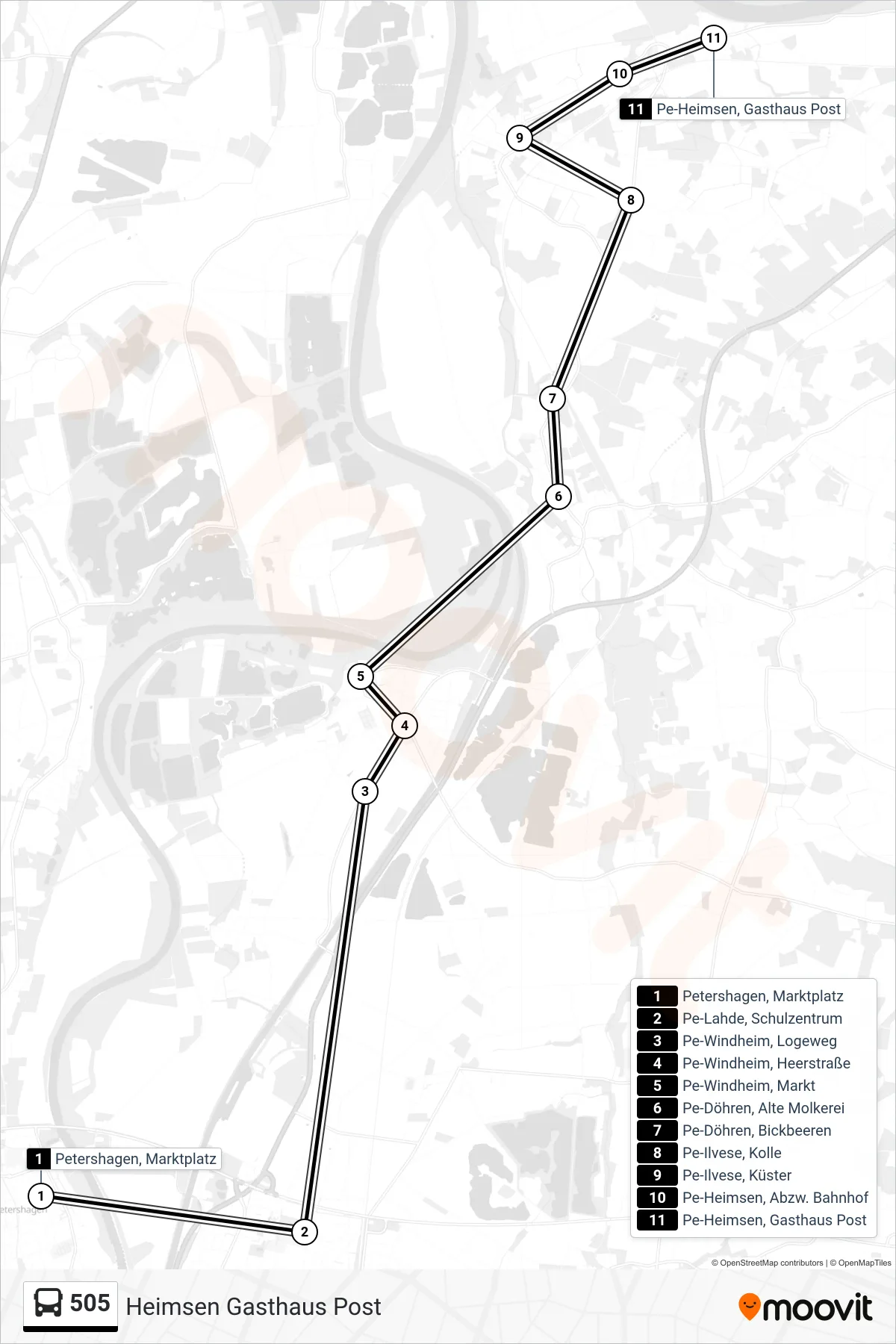 Linie 505 (Bus) Richtung Heimsen Gasthaus Post: Route und Haltestellen auf der Karte