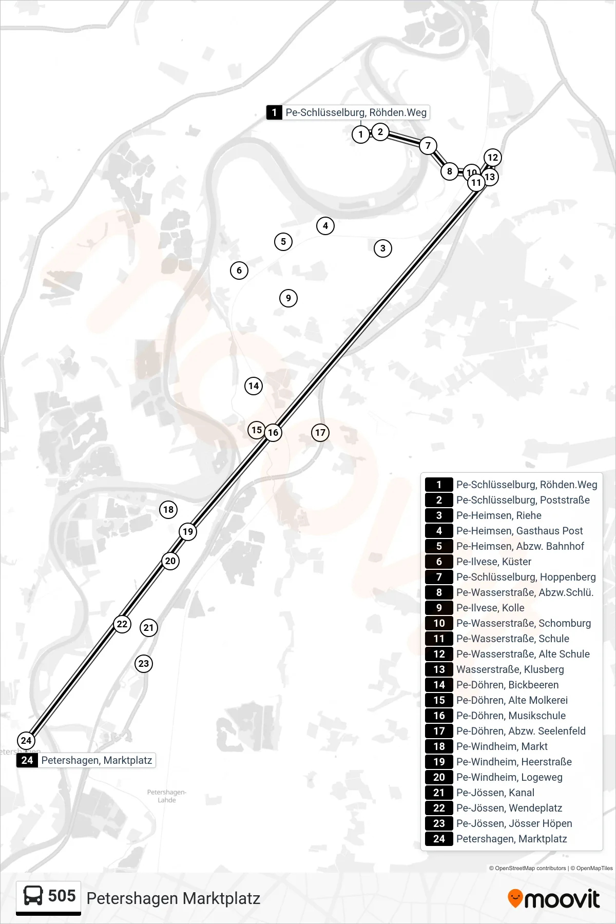 505 bus Line (Petershagen Marktplatz) route and stops on a map