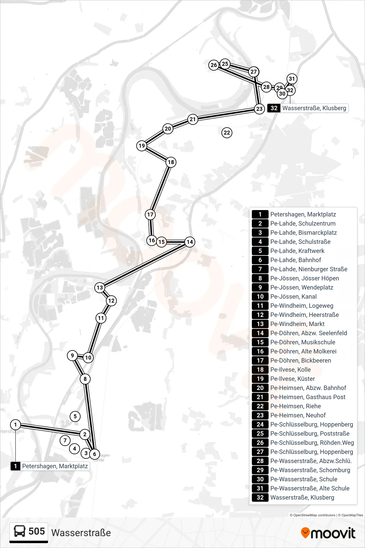 505 bus Line (Wasserstraße) route and stops on a map