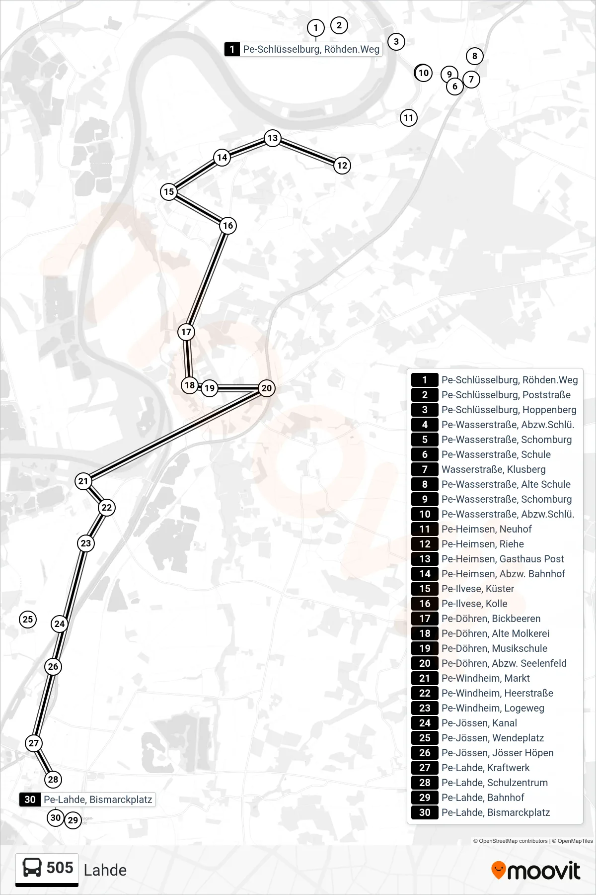 505 bus Line (Lahde) route and stops on a map