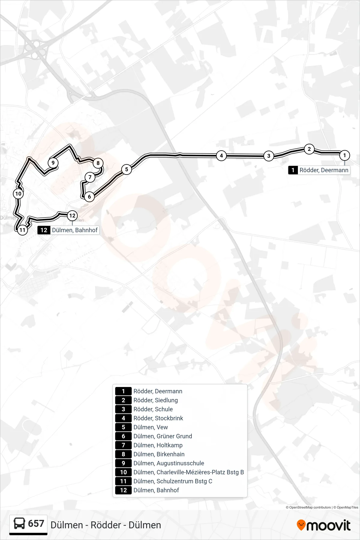 657 bus Line (Dülmen, Bahnhof) route and stops on a map