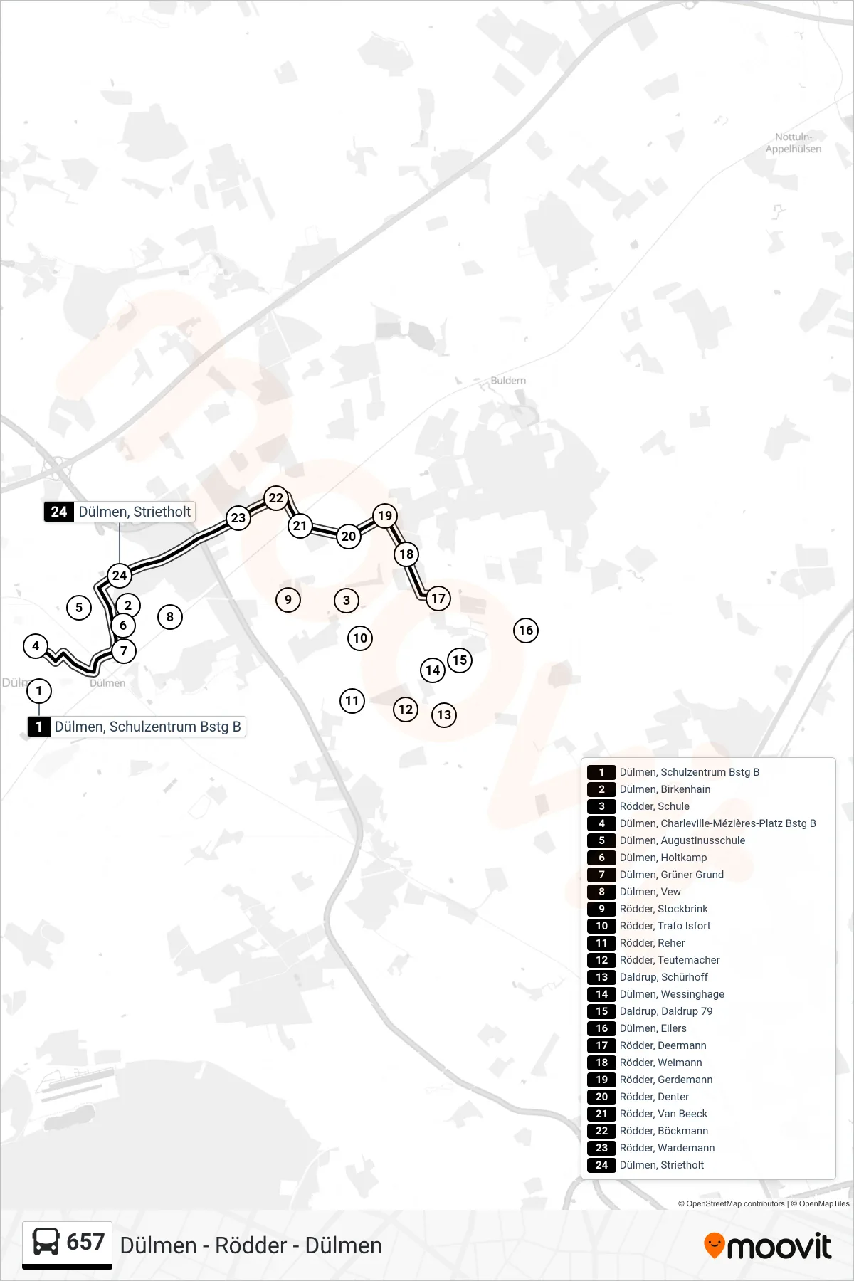 Linie 657 (Bus) Richtung Dülmen, Charleville-Mézières-Platz Bstg B: Route und Haltestellen auf der Karte