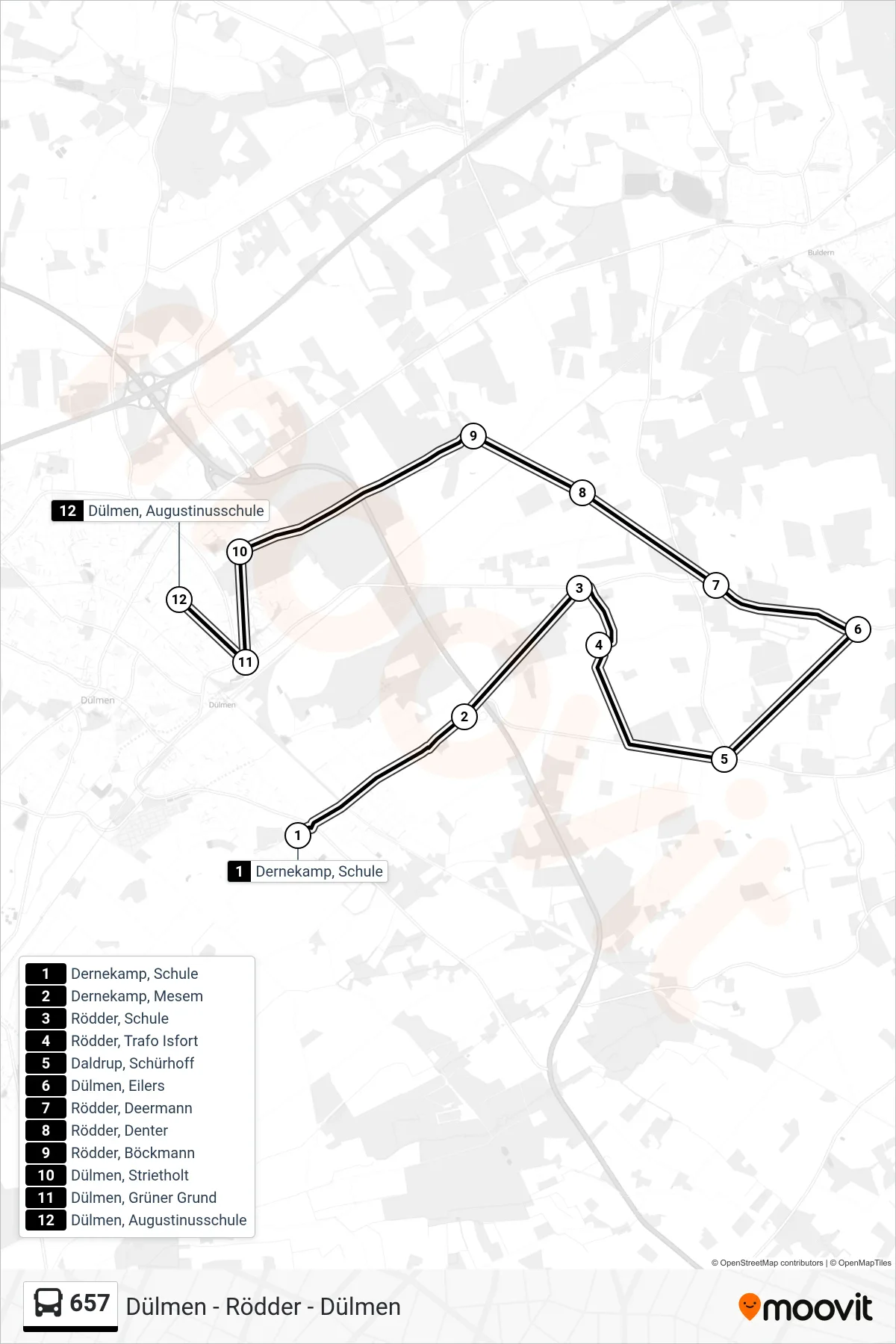 657 bus Line (Dülmen, Augustinusschule) route and stops on a map