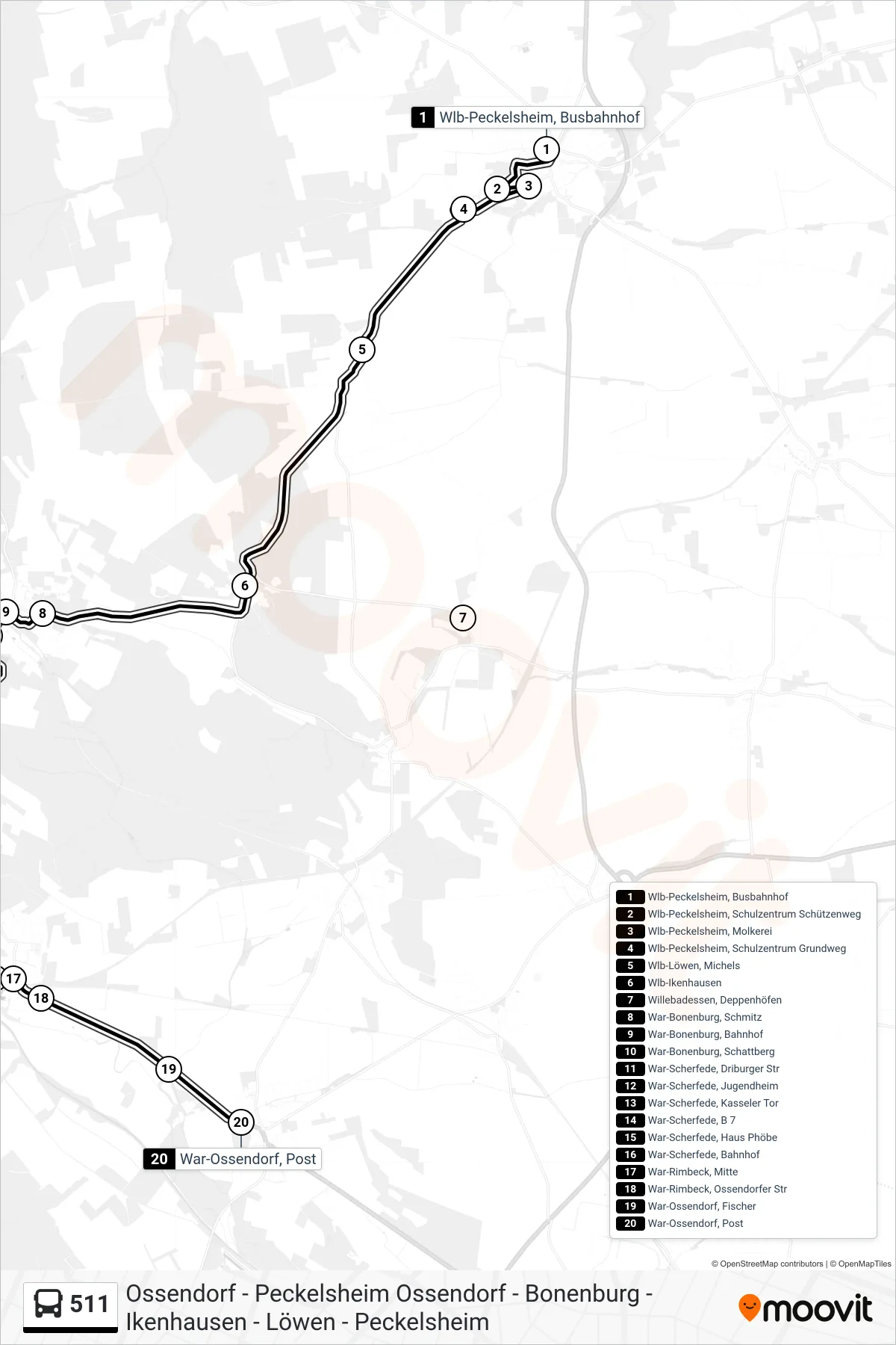 Linie 511 (Bus) Richtung War-Ossendorf, Post: Route und Haltestellen auf der Karte