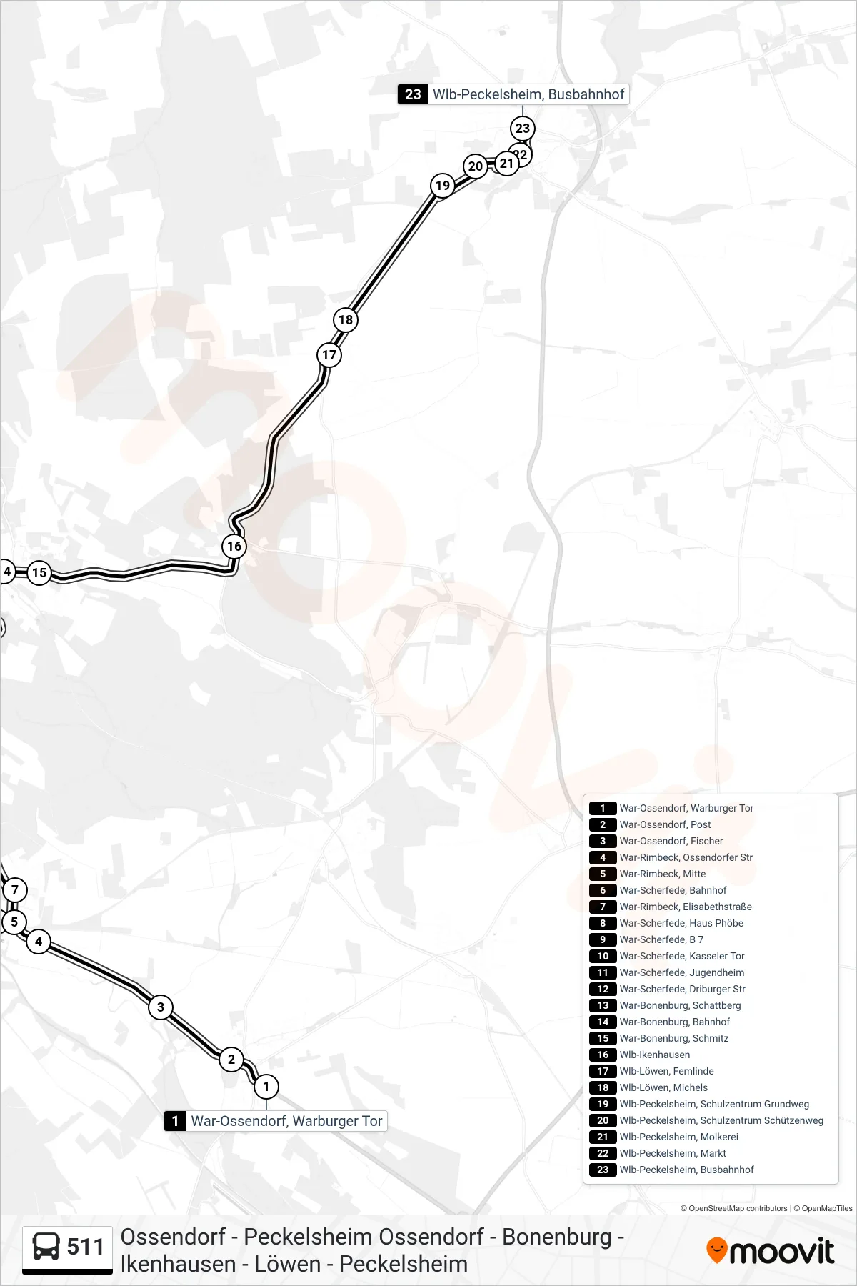 Linie 511 (Bus) Richtung Wlb-Peckelsheim, Busbahnhof: Route und Haltestellen auf der Karte