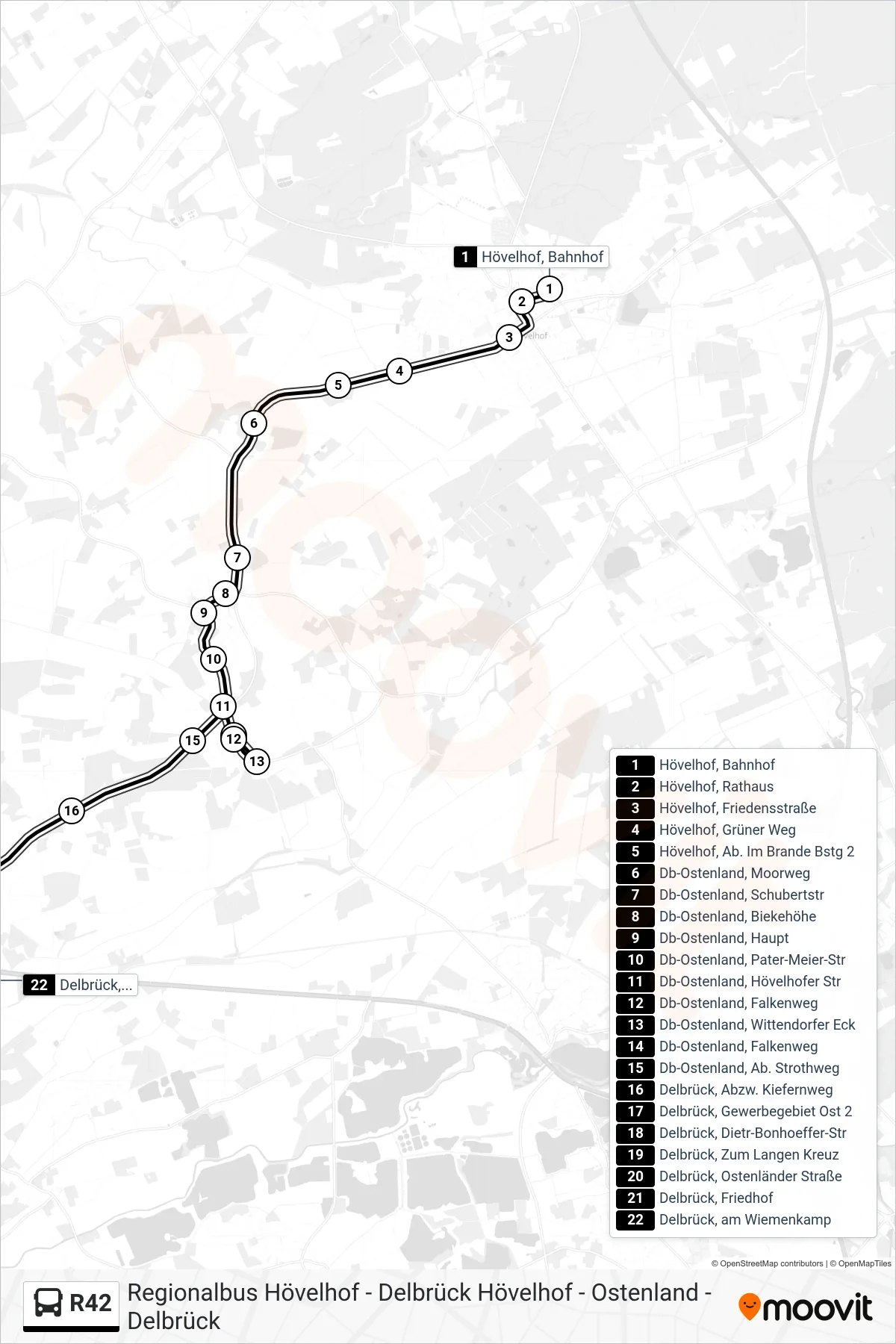 R42 bus Line (Delbrück, am Wiemenkamp) route and stops on a map