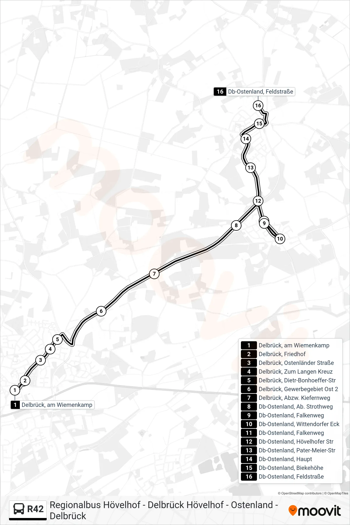 R42 bus Line (Db-Ostenland, Feldstraße) route and stops on a map