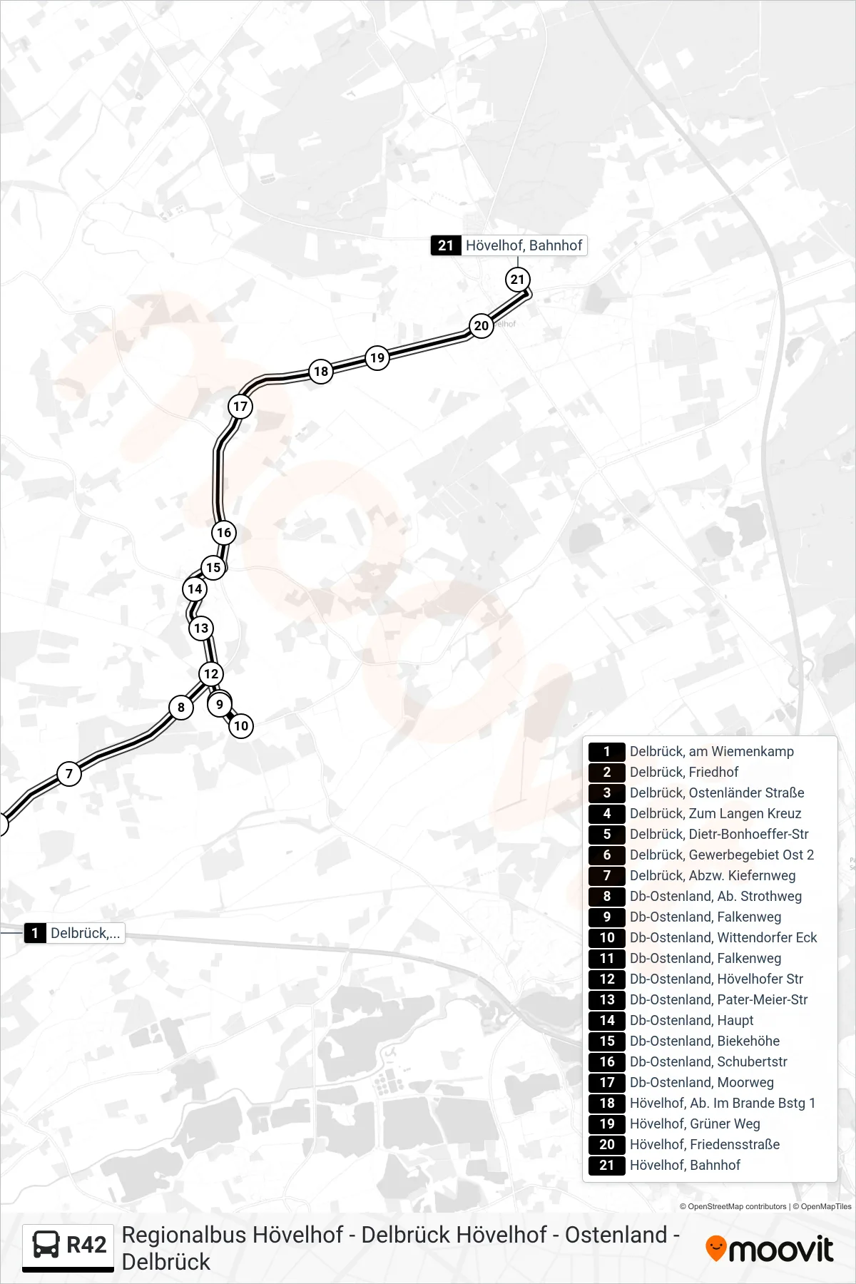 Linie R42 (Bus) Richtung Hövelhof, Bahnhof: Route und Haltestellen auf der Karte
