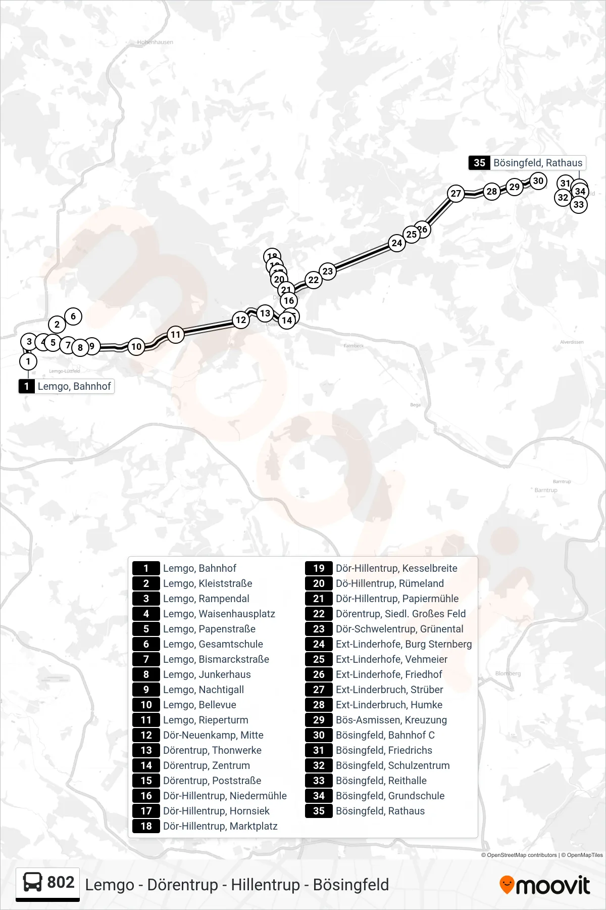 802 bus Line (Bösingfeld) route and stops on a map