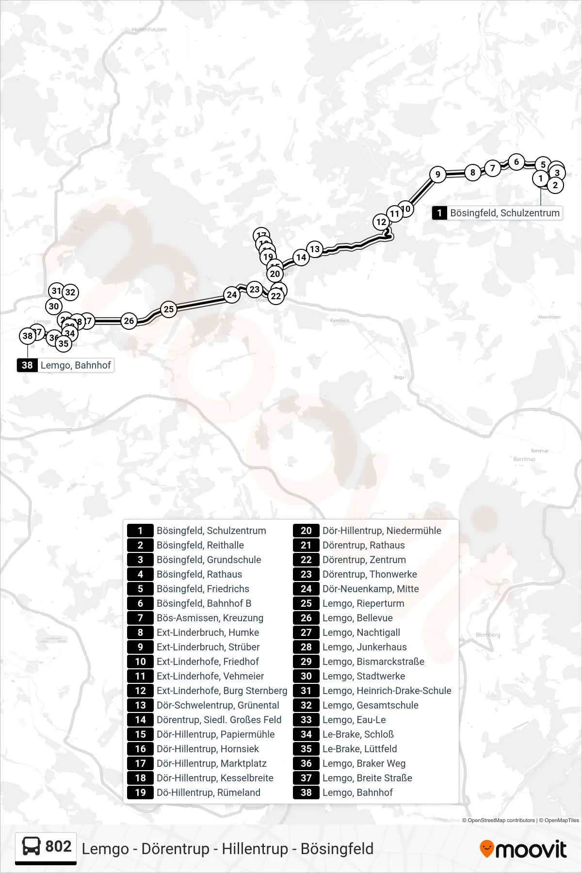 802 bus Line (Lemgo, Bahnhof Steig 3) route and stops on a map